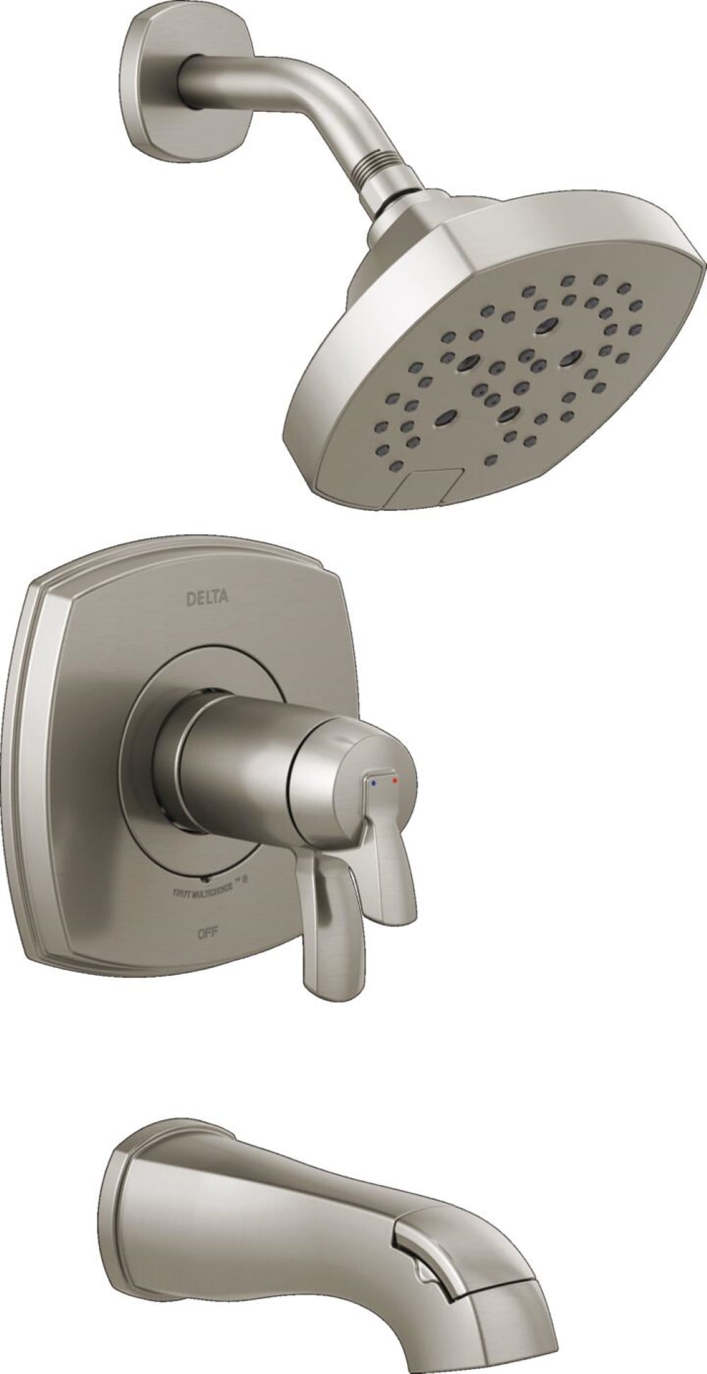 Grifo para bañera y ducha redonda de 7.0 pulgadas con un mango, acabado en acero inoxidable y multi-función Delta Stryke Lumicoat T17T476-SS-PR
