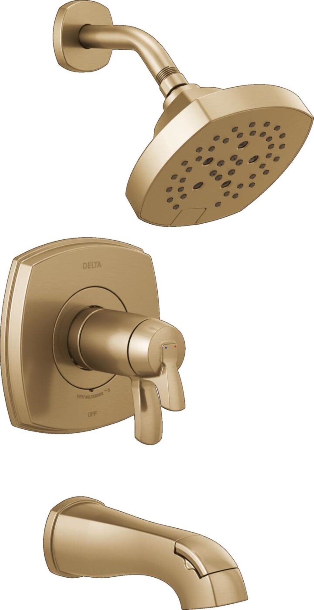 Grifo para bañera y ducha redondo de 7.0 pulgadas de función múltiple de un solo mango en bronce champagne con Lumicoat de Delta Stryke
