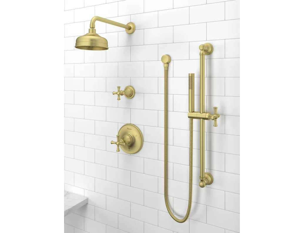 Mezcladora para bañera y regadera redonda de 6.1875 pulgadas, color oro cepillado, de un solo mango y función única (LG89-8TBBG)