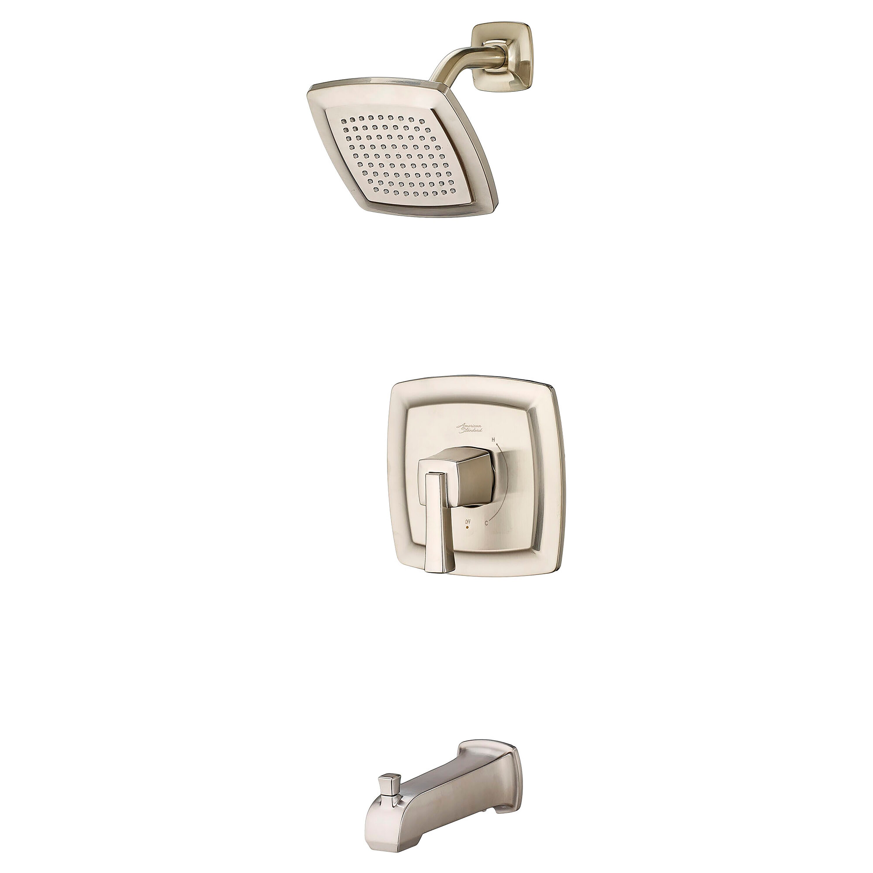 Grifo para bañera y regadera de una sola manija con función única en níquel satinado de la serie Townsend de American Standard de 6.125 pulgadas.