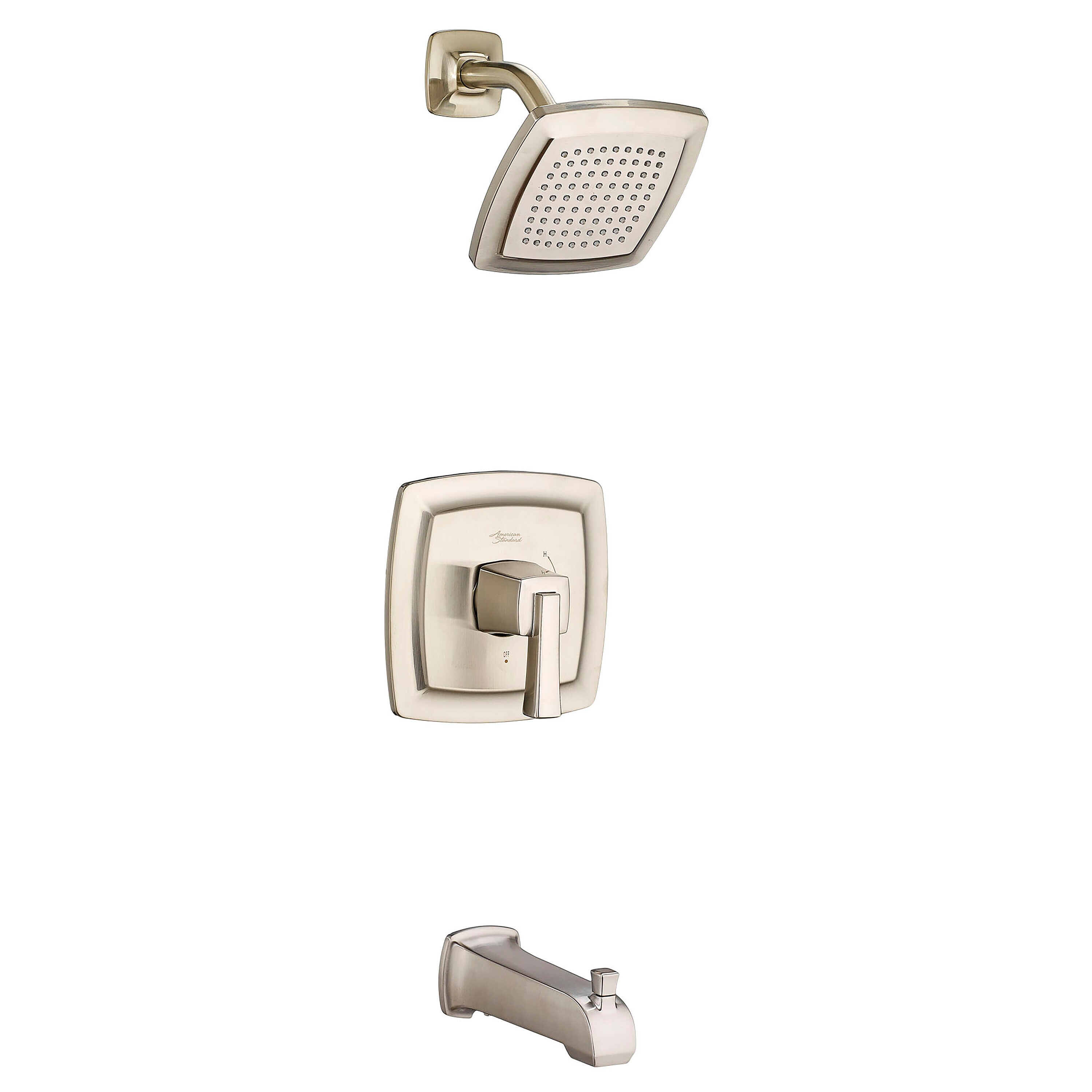 Grifo para bañera y regadera de una sola manija con función única en níquel satinado de la serie Townsend de American Standard de 6.125 pulgadas.