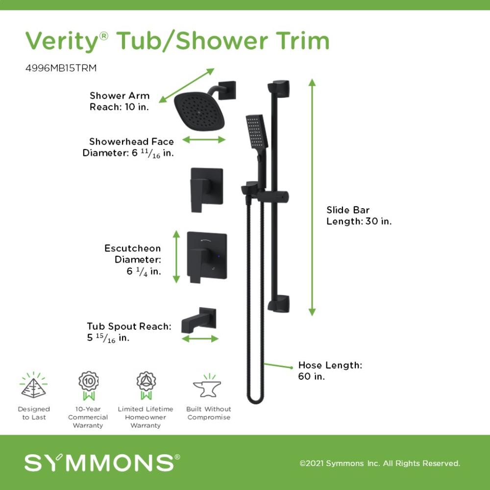 Grifo para bañera y ducha de 2 manijas en negro mate Symmons Verity de 6.68 pulgadas con función única.