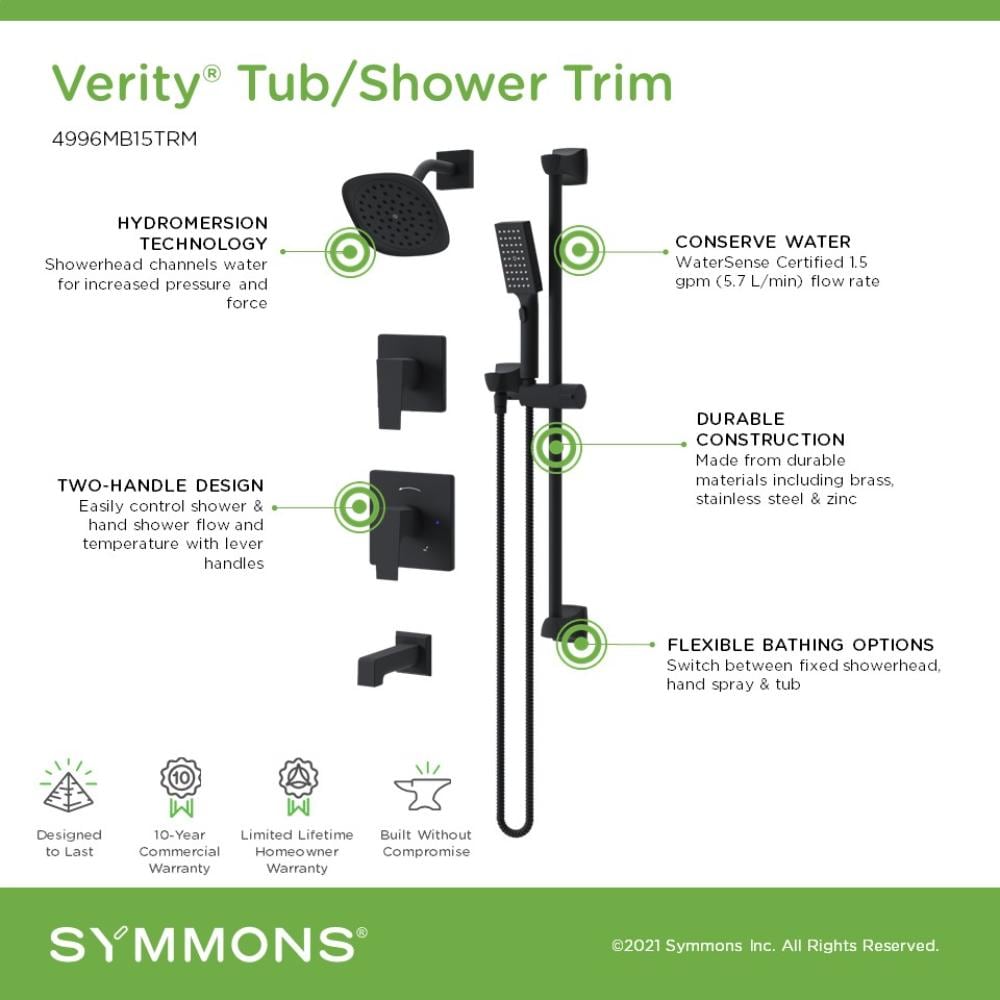 Grifo para bañera y ducha de 2 manijas en negro mate Symmons Verity de 6.68 pulgadas con función única.