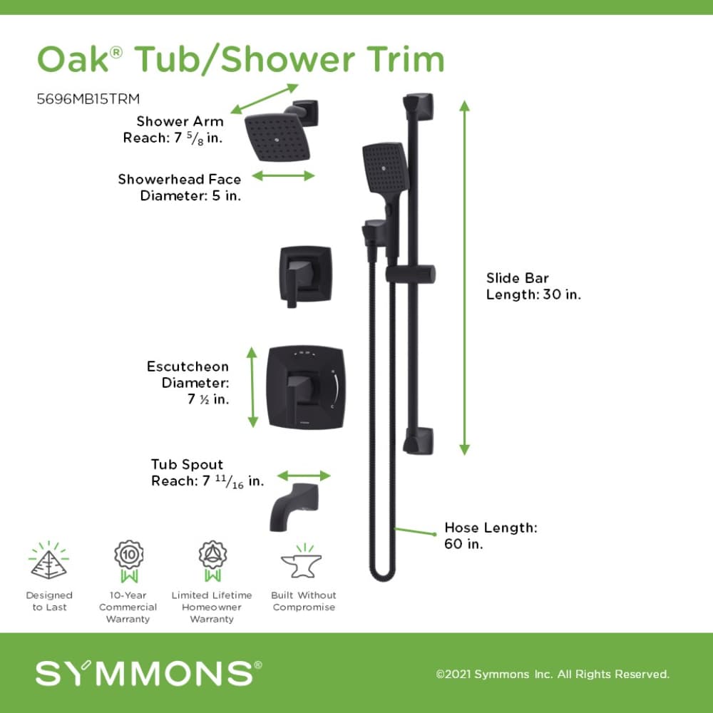 Grifo para bañera y ducha de 2 manijas en negro mate de roble para bañera cuadrada de 5 pulgadas con cabezal múltiple Symmons Oak.