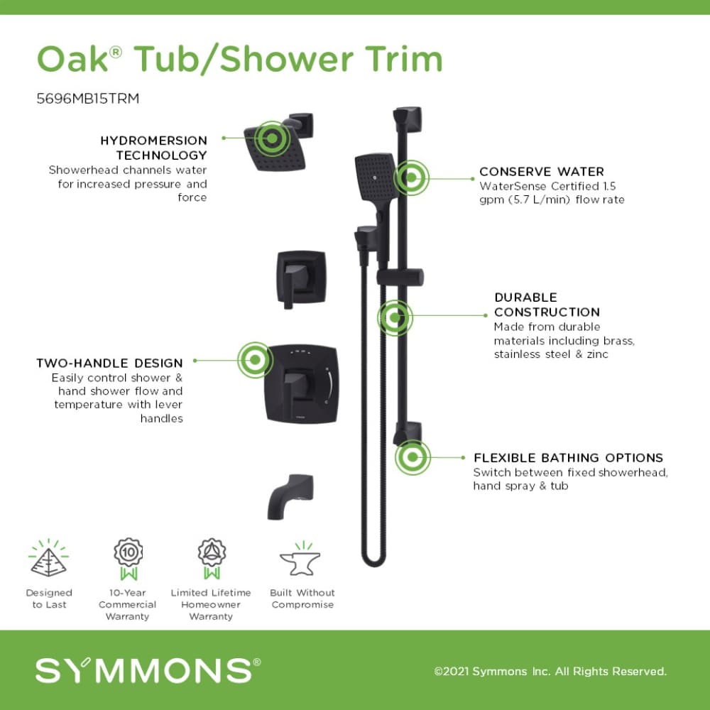 Grifo para bañera y ducha de 2 manijas en negro mate de roble para bañera cuadrada de 5 pulgadas con cabezal múltiple Symmons Oak.