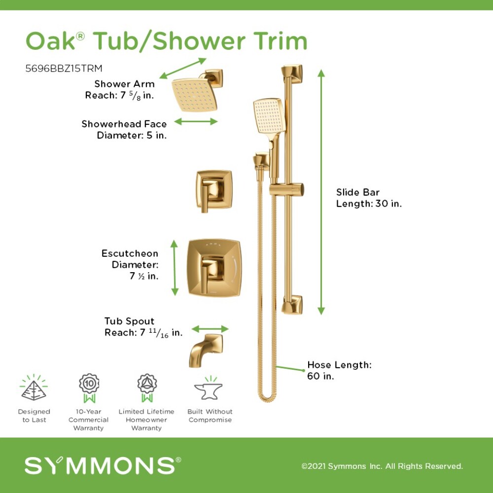 Mezcladora de bañera y regadera cuadrada de 5 pulgadas, de bronce cepillado, con dos manijas - Symmons Oak 5696BBZ15TRM