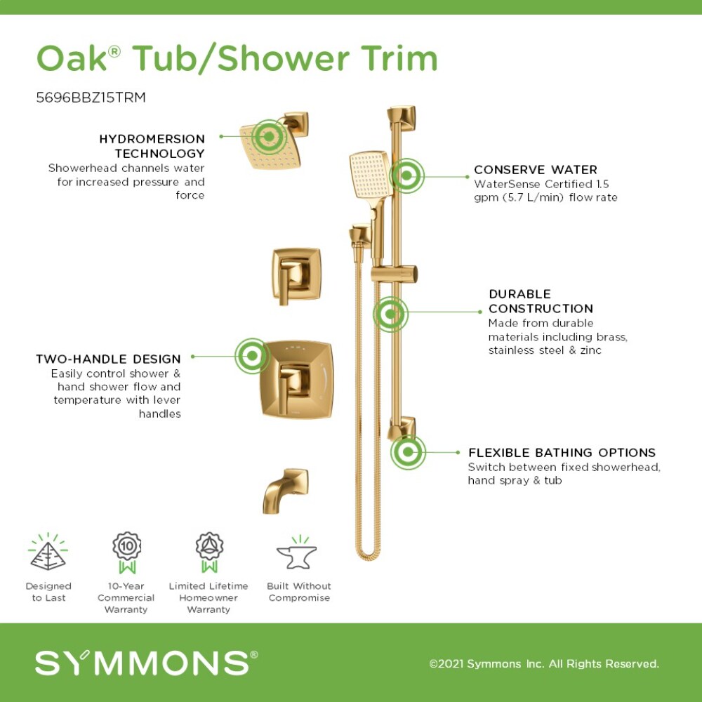 Mezcladora de bañera y regadera cuadrada de 5 pulgadas, de bronce cepillado, con dos manijas - Symmons Oak 5696BBZ15TRM