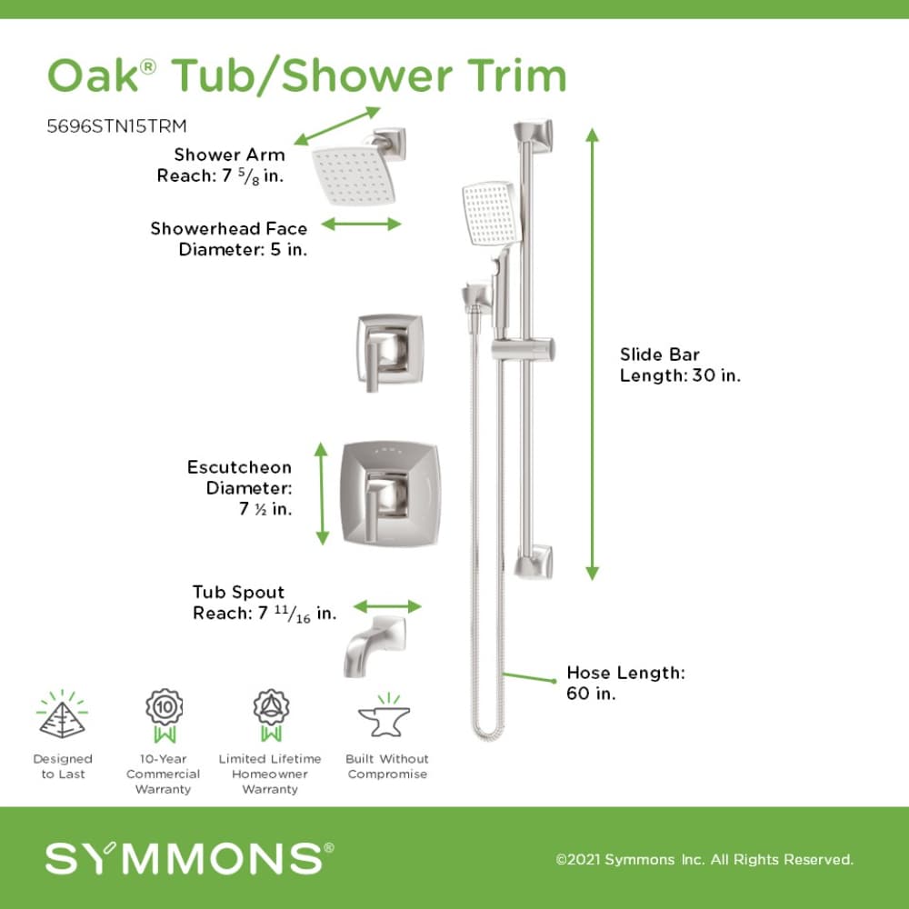 Grifo para bañera y ducha de dos manijas y múltiples cabezales de 5 pulgadas cuadradas en níquel satinado roble de Symmons