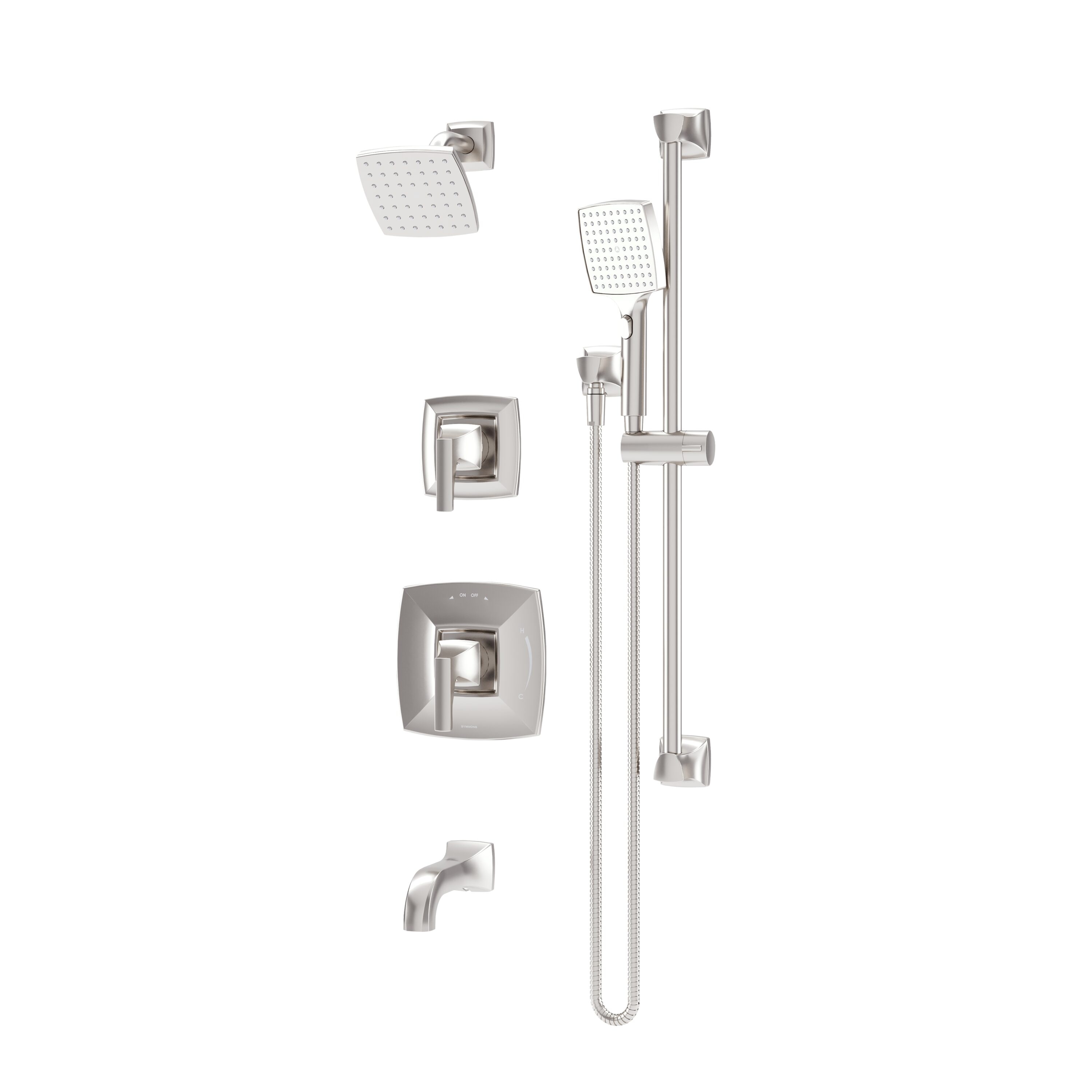 Grifo para bañera y ducha de dos manijas y múltiples cabezales de 5 pulgadas cuadradas en níquel satinado roble de Symmons