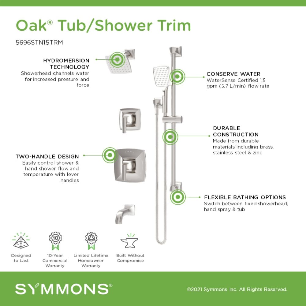 Grifo para bañera y ducha de dos manijas y múltiples cabezales de 5 pulgadas cuadradas en níquel satinado roble de Symmons