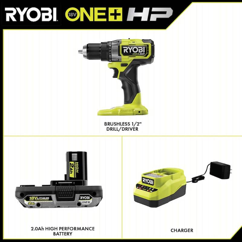 Kit de taladro/atornillador inalámbrico RYOBI ONE+ HP 18V Brushless de 1/2 pulgada con (1) batería de alto rendimiento de 2.0 Ah y cargador - PBLDD01K1