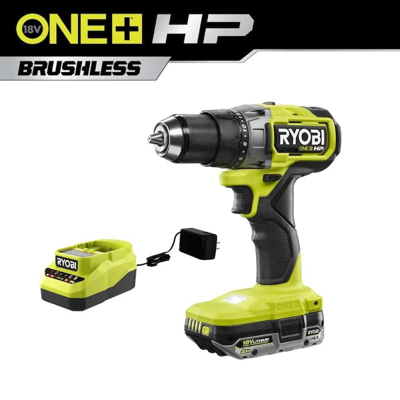 Kit de taladro/atornillador inalámbrico RYOBI ONE+ HP 18V Brushless de 1/2 pulgada con (1) batería de alto rendimiento de 2.0 Ah y cargador - PBLDD01K1