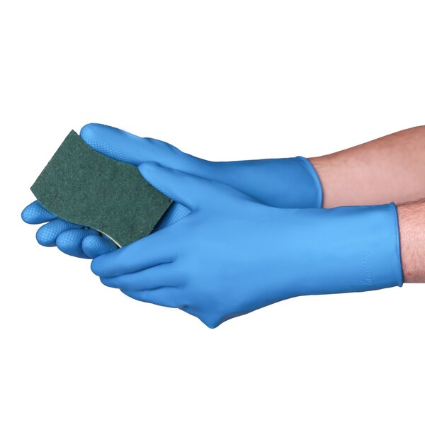 Guantes de Goma para Productores de Alimentos Vguard Azules, Resistentes a Químicos sin Forro, con Dobladillo de 13", Paquete de 288 - C23A39.