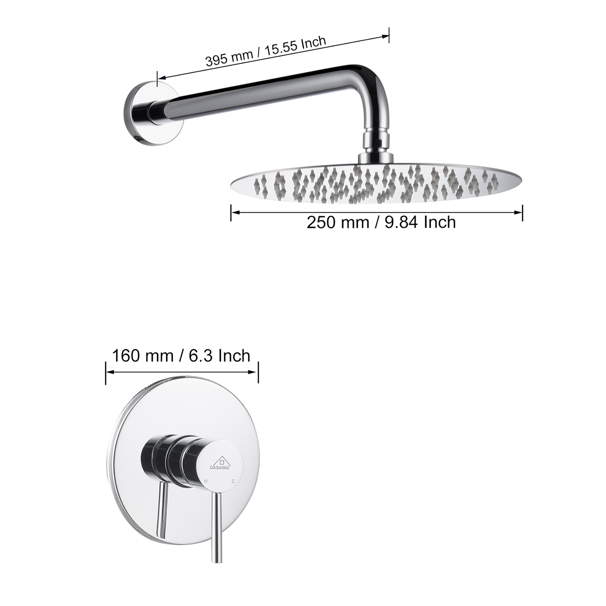 Regadera de Pared Redonda de una Función con Montaje en Pared en Cromo de CASAINC - Manija Única - Función Única - 10 Pulgadas - Válvula incluida M6609-A-10-CP