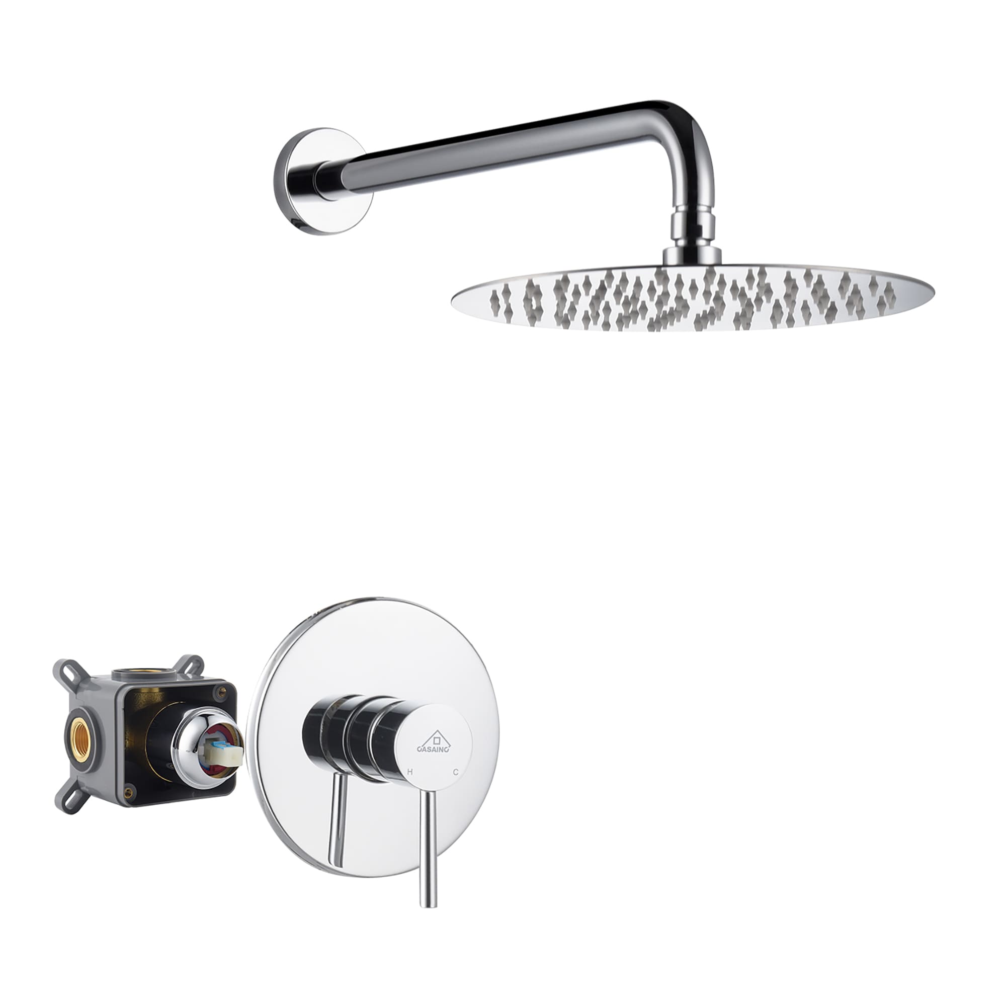 Regadera de Pared Redonda de una Función con Montaje en Pared en Cromo de CASAINC - Manija Única - Función Única - 10 Pulgadas - Válvula incluida M6609-A-10-CP