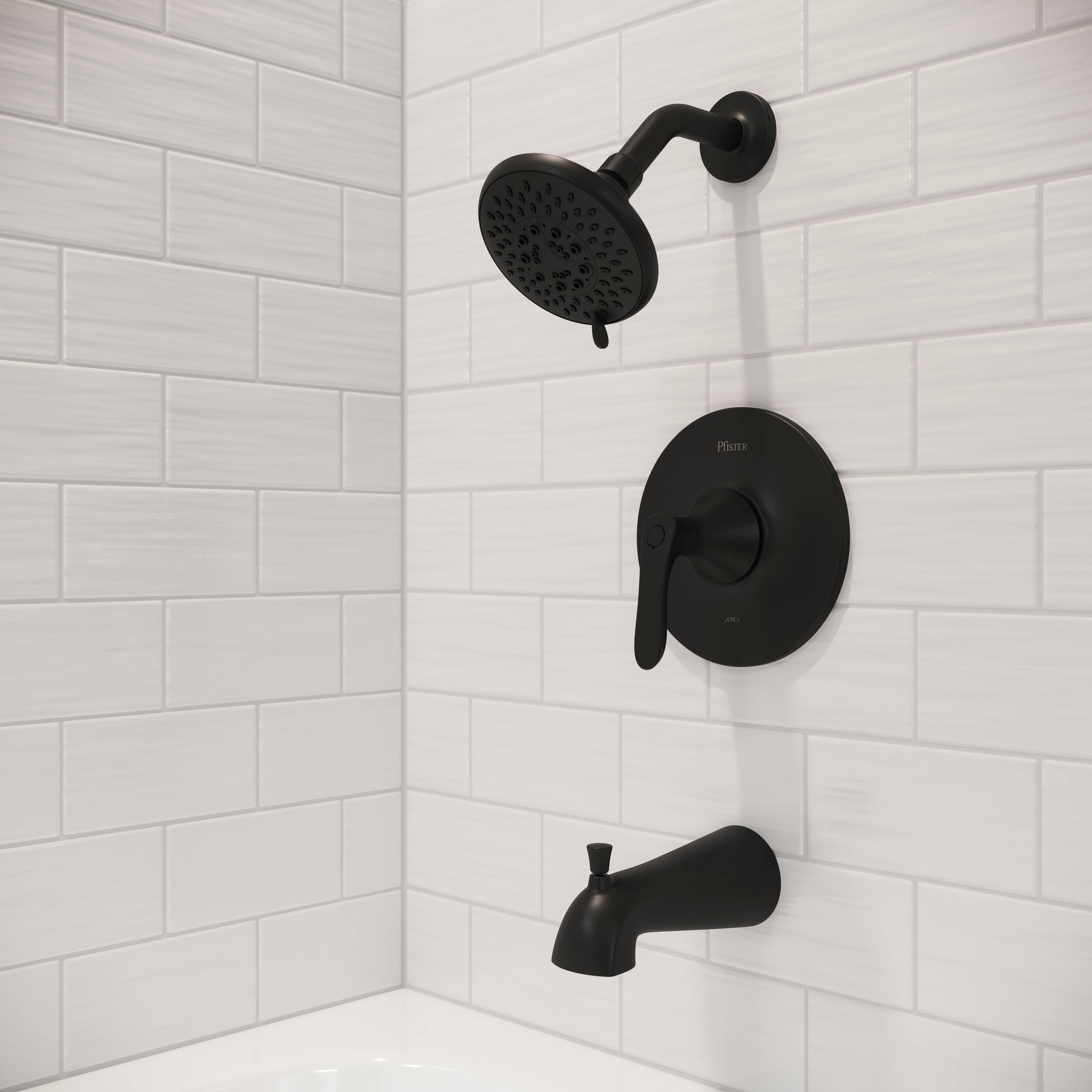 Faucet para bañera y ducha redonda de 4.7813 pulgadas con acabado mate negro de un solo mango y funciones múltiples Pfister Weller LG89-8WRB.