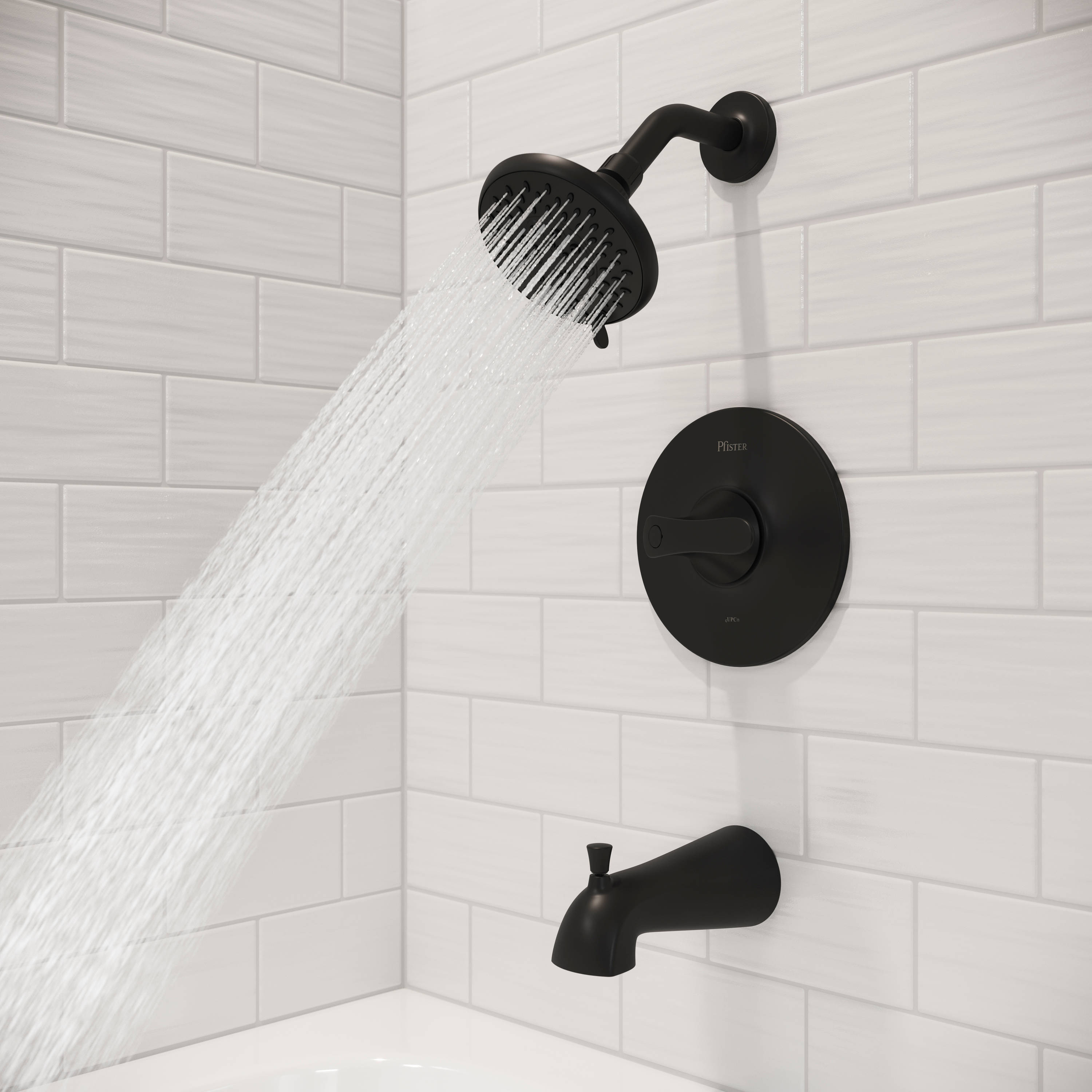 Faucet para bañera y ducha redonda de 4.7813 pulgadas con acabado mate negro de un solo mango y funciones múltiples Pfister Weller LG89-8WRB.