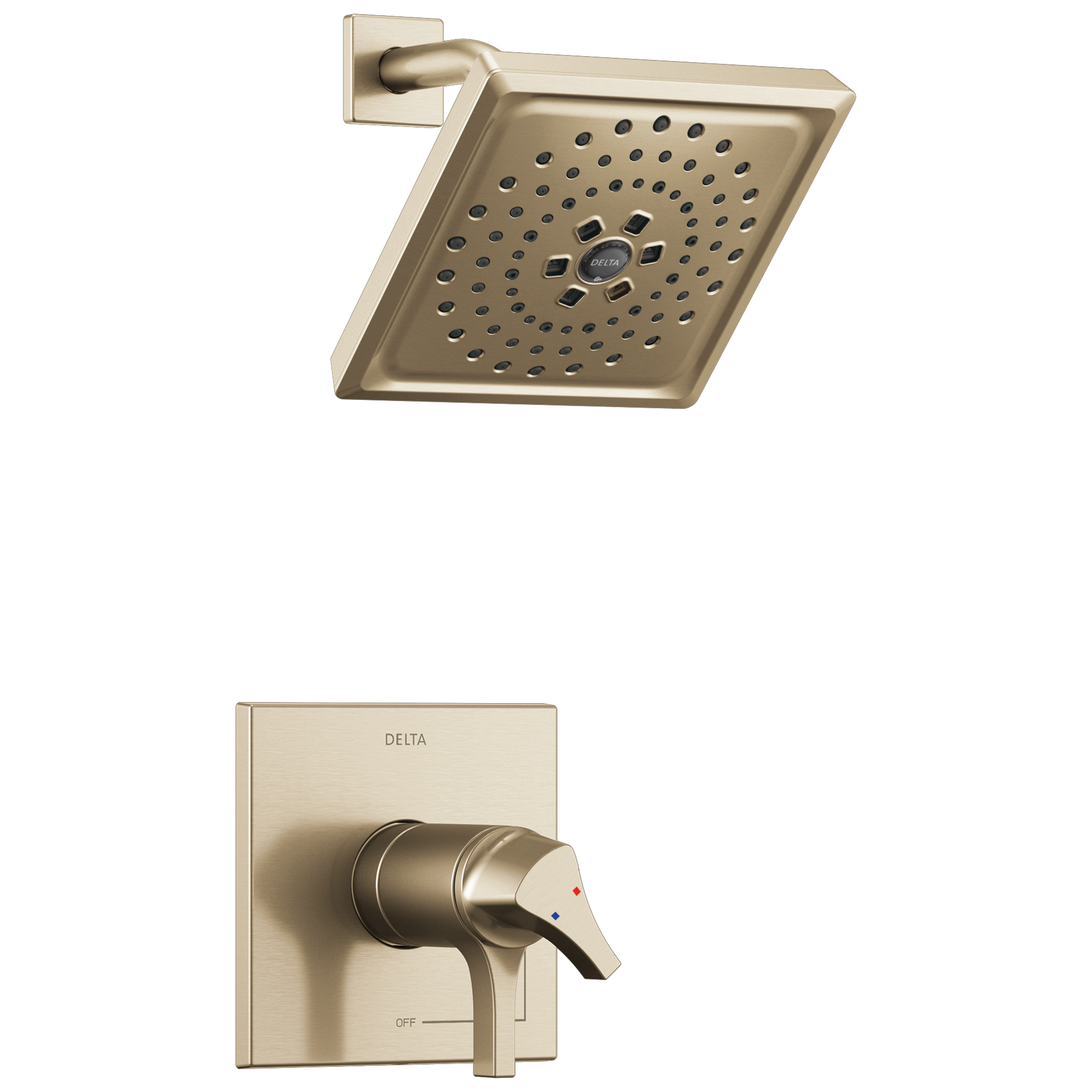 Grifo de ducha cuadrado de 6.63 pulgadas con 2 manijas en Champagne Bronze Delta Zura T17T274-CZ