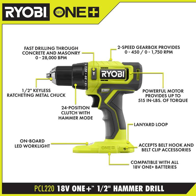 RYOBI ONE+ 18V Taladro percutor inalámbrico de 1/2 pulg. con kit de batería de 1.5 Ah y cargador - PCL220K1