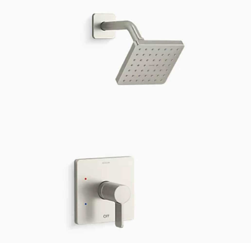 Llave mezcladora de ducha cuadrada de 6.25 pulgadas, de un solo mango, en acabado níquel cepillado vibrante Rite-Temp de KOHLER.