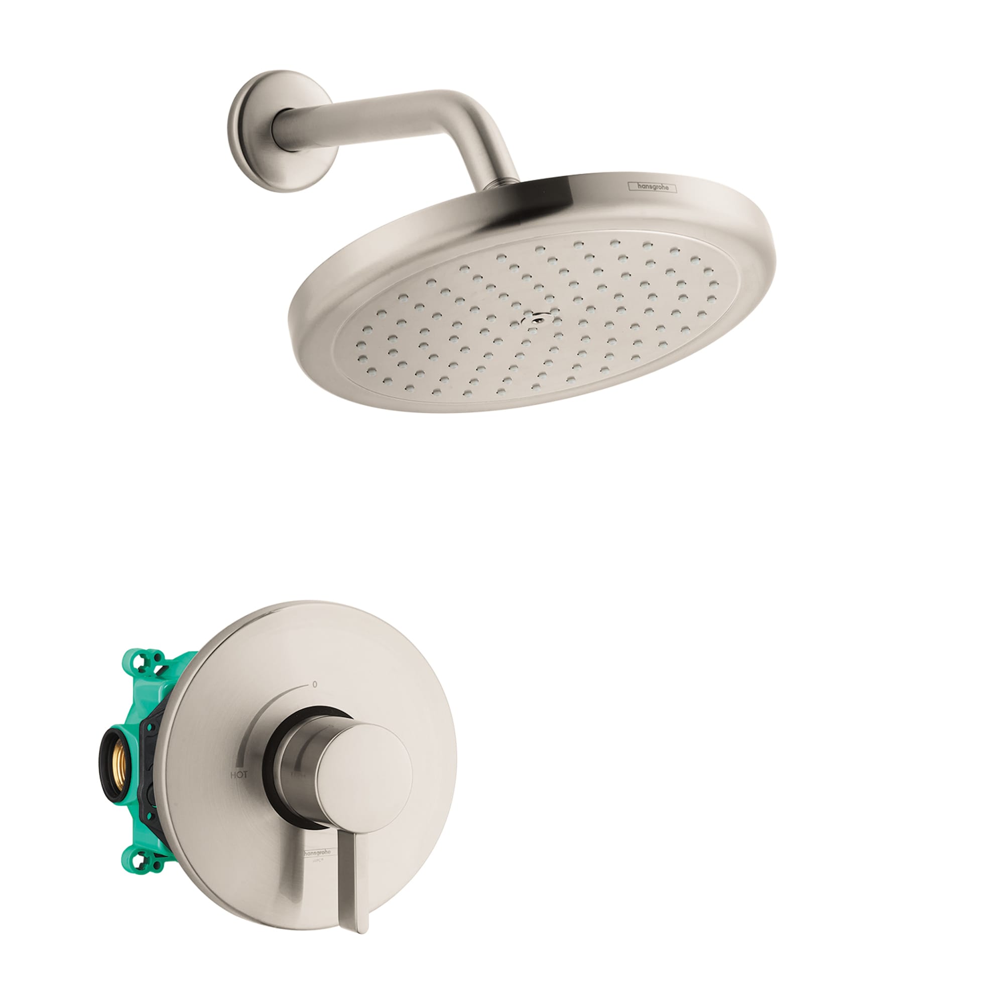 Grifo de ducha redondo de una sola función de 8.625 pulgadas en níquel cepillado de Hansgrohe con válvula