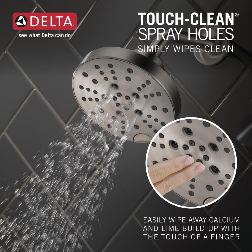 Grifo de ducha redondo de acero inoxidable con recubrimiento Lumicoat de Delta con 2 manijas y funciones múltiples de 6 pulgadas