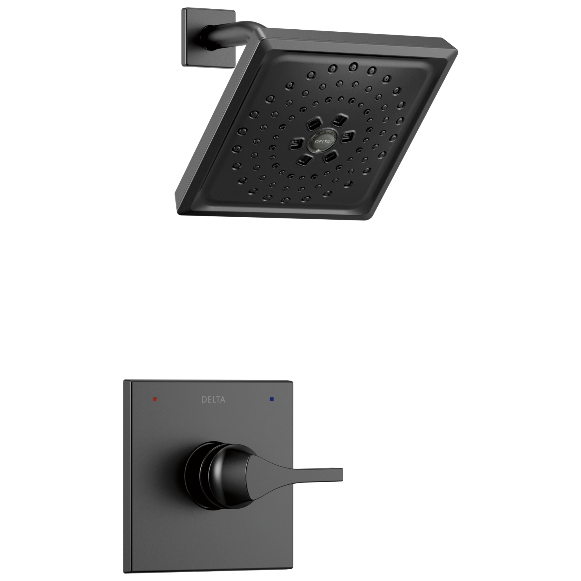 Grifo de ducha cuadrado de 6.63 pulgadas con acabado negro mate de un solo mango y función múltiple Delta Zura T14274-BL