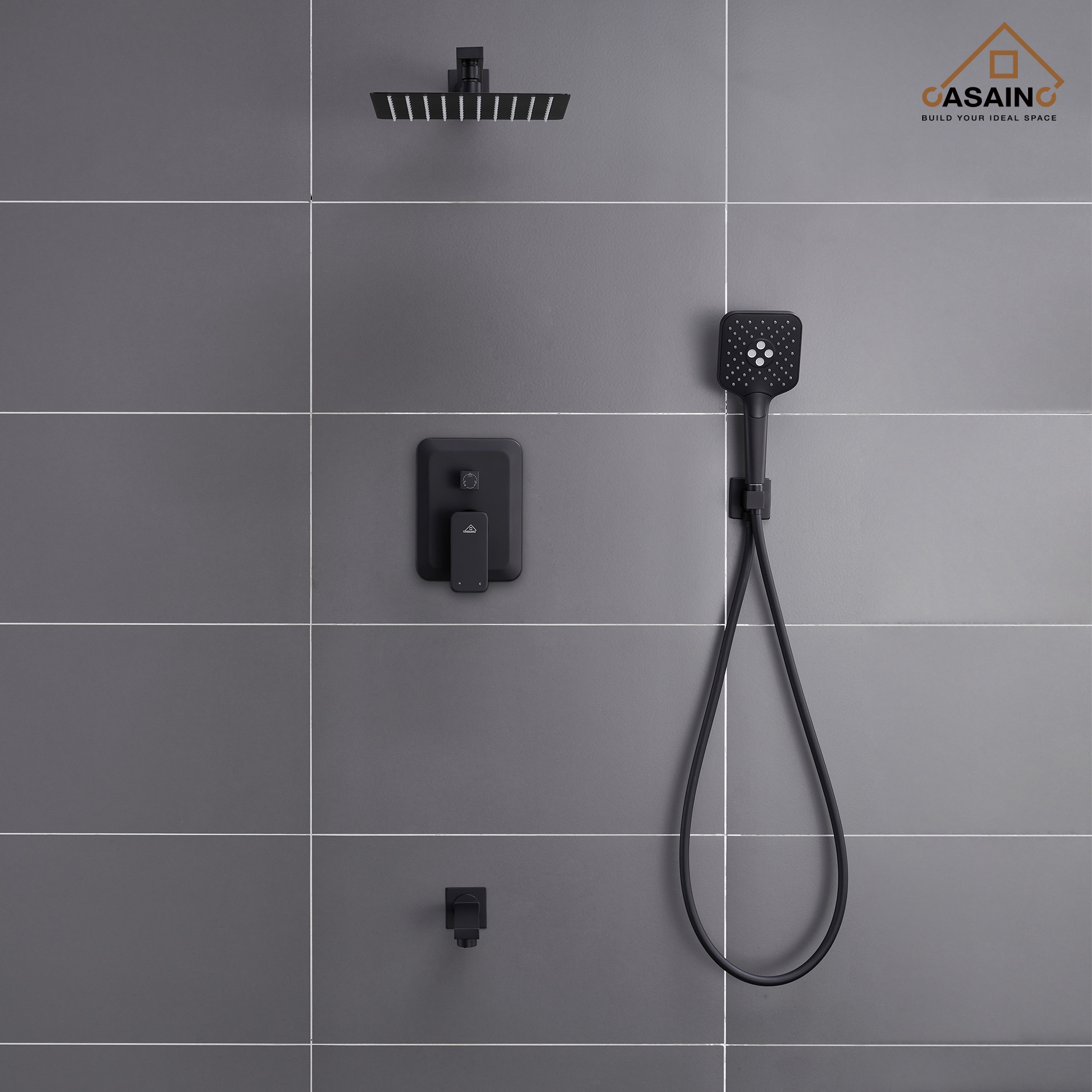 Sistema de ducha CASAINC en negro mate con un mango, función única, regadera cuadrada de 9.8 pulgadas con válvula HM-B206-SQ-MB.