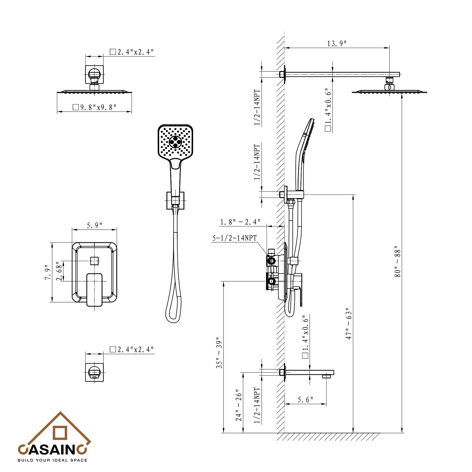 Sistema de ducha CASAINC en negro mate con un mango, función única, regadera cuadrada de 9.8 pulgadas con válvula HM-B206-SQ-MB.