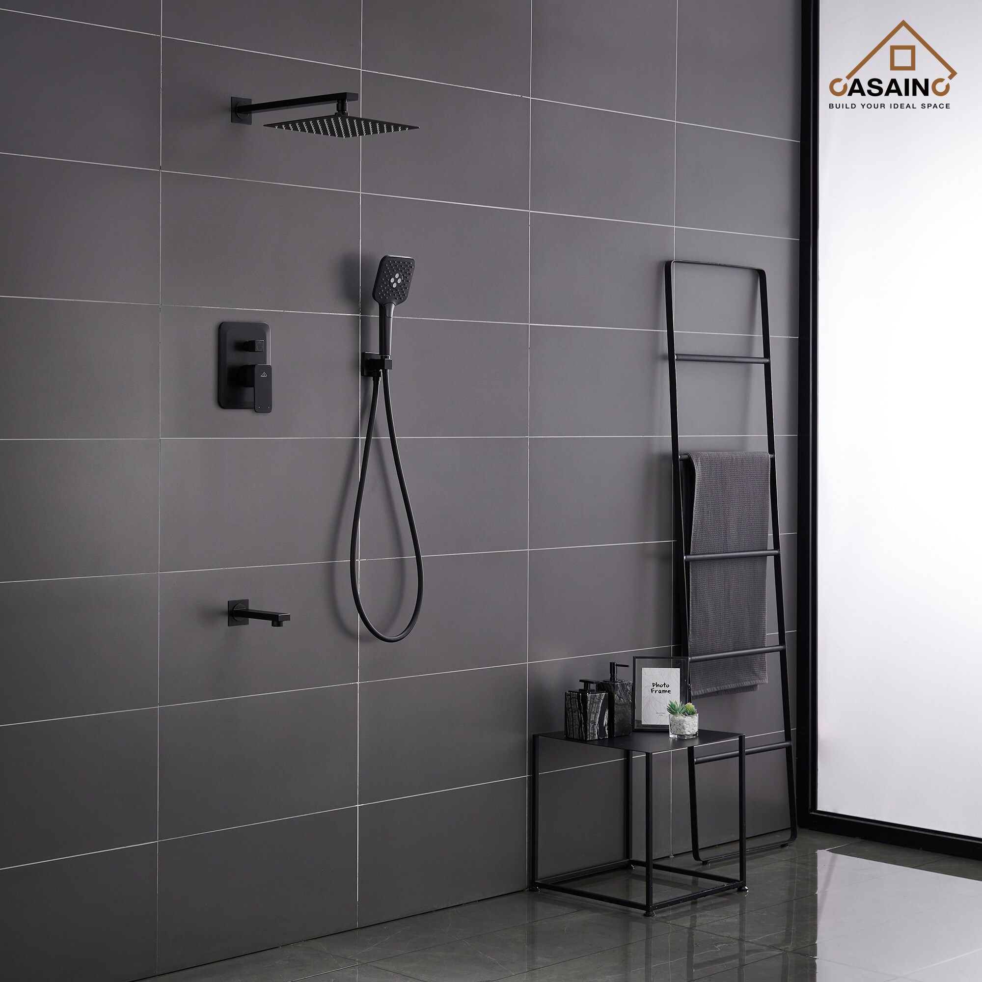 Sistema de ducha CASAINC en negro mate con un mango, función única, regadera cuadrada de 9.8 pulgadas con válvula HM-B206-SQ-MB.