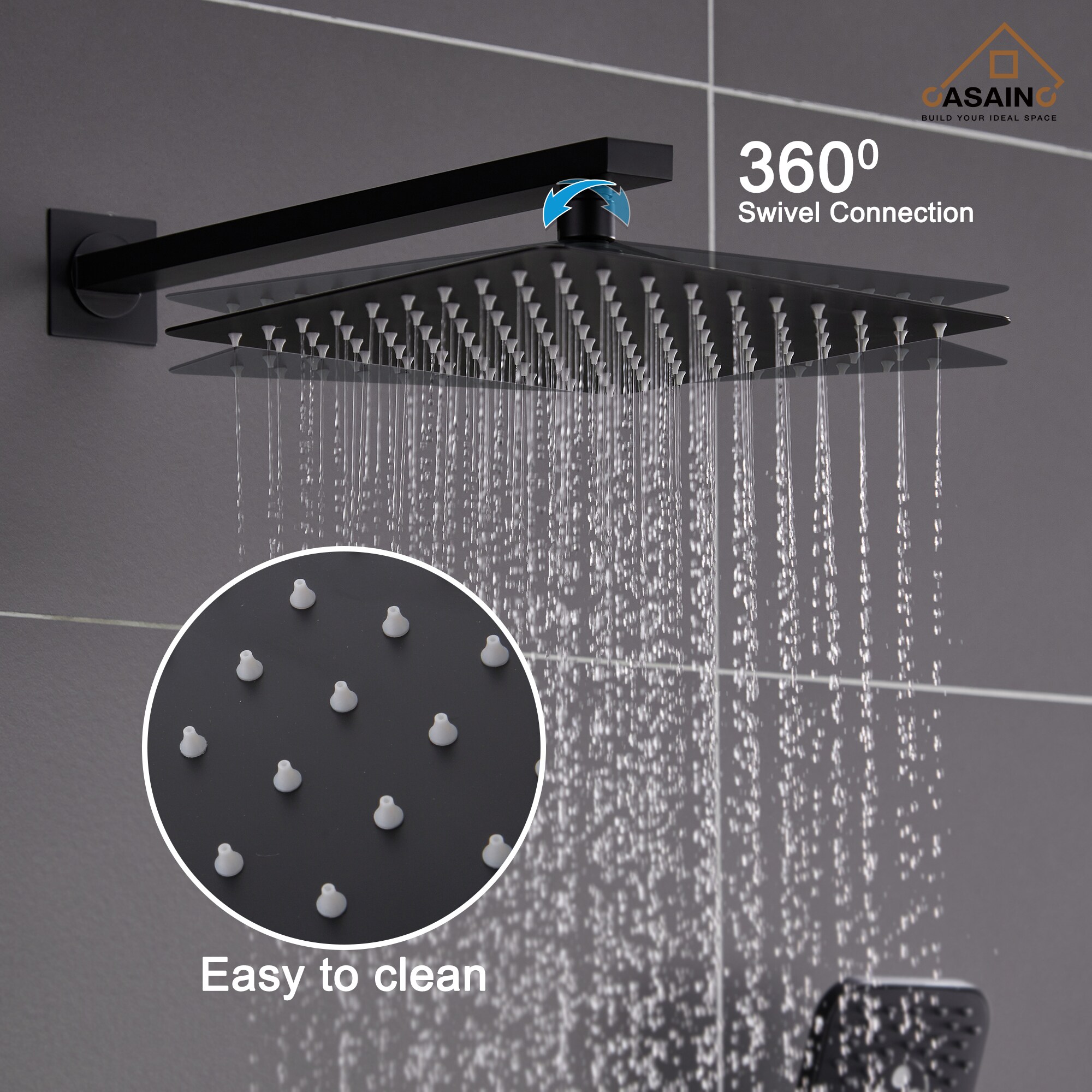 Sistema de ducha CASAINC en negro mate con un mango, función única, regadera cuadrada de 9.8 pulgadas con válvula HM-B206-SQ-MB.