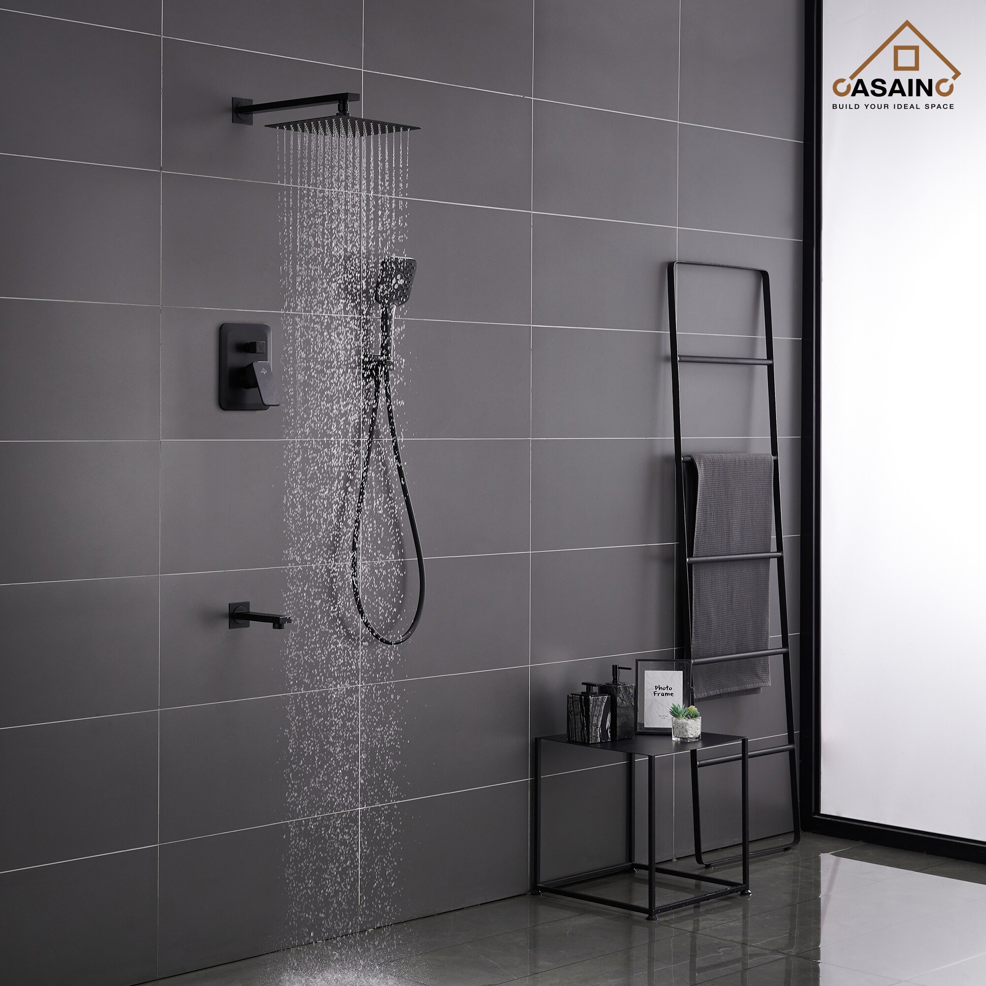 Sistema de ducha CASAINC en negro mate con un mango, función única, regadera cuadrada de 9.8 pulgadas con válvula HM-B206-SQ-MB.