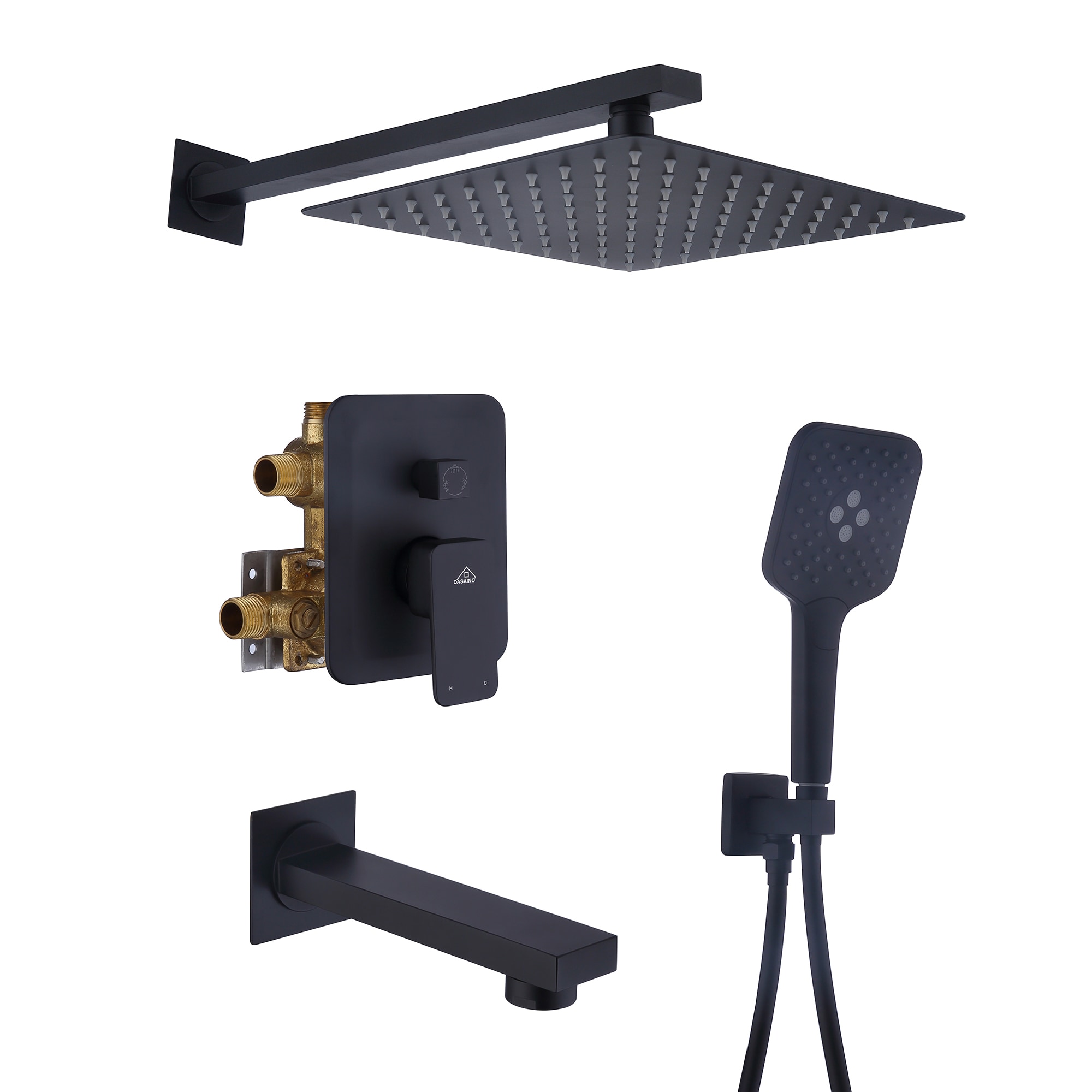 Sistema de ducha CASAINC en negro mate con un mango, función única, regadera cuadrada de 9.8 pulgadas con válvula HM-B206-SQ-MB.