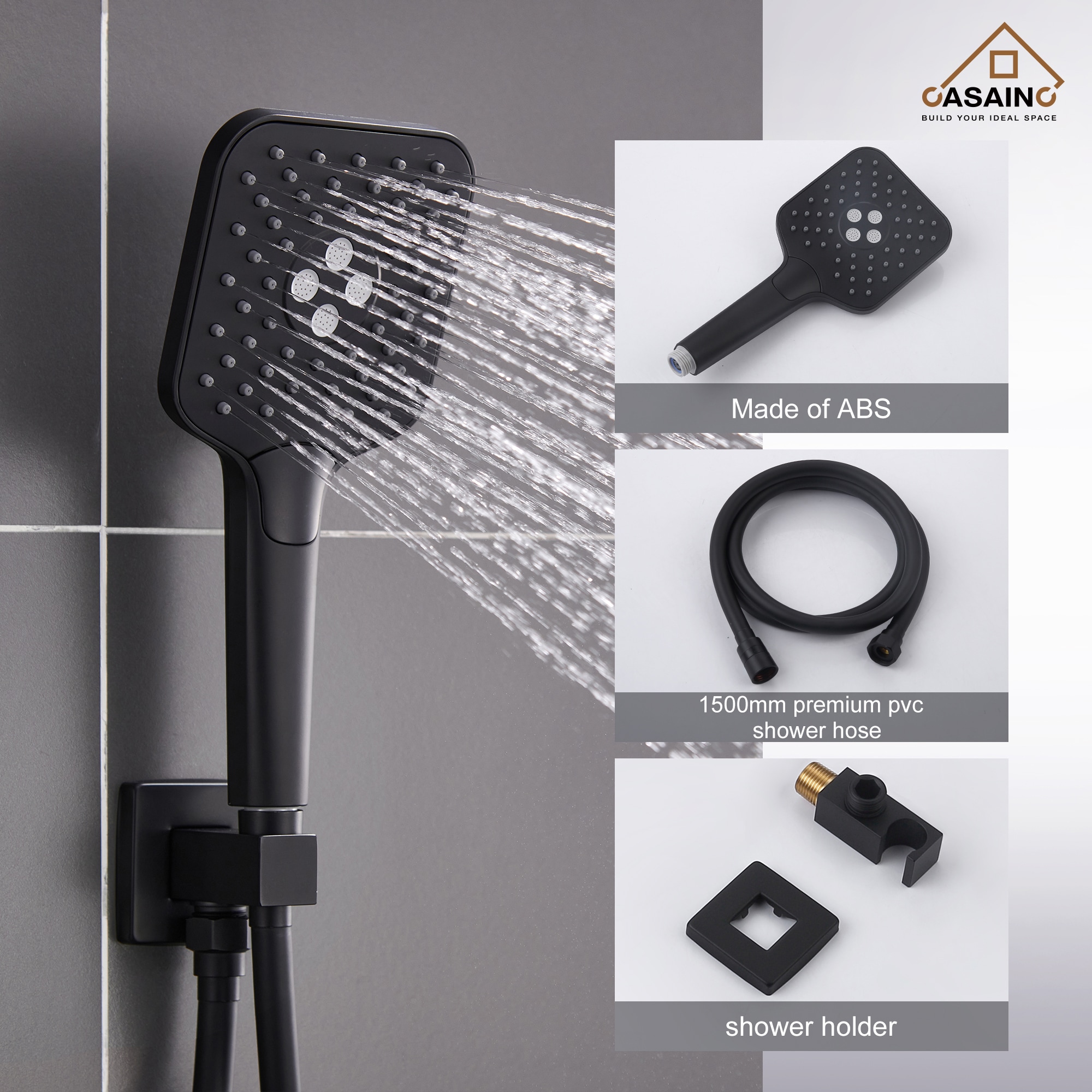 Sistema de ducha CASAINC en negro mate con un mango, función única, regadera cuadrada de 9.8 pulgadas con válvula HM-B206-SQ-MB.