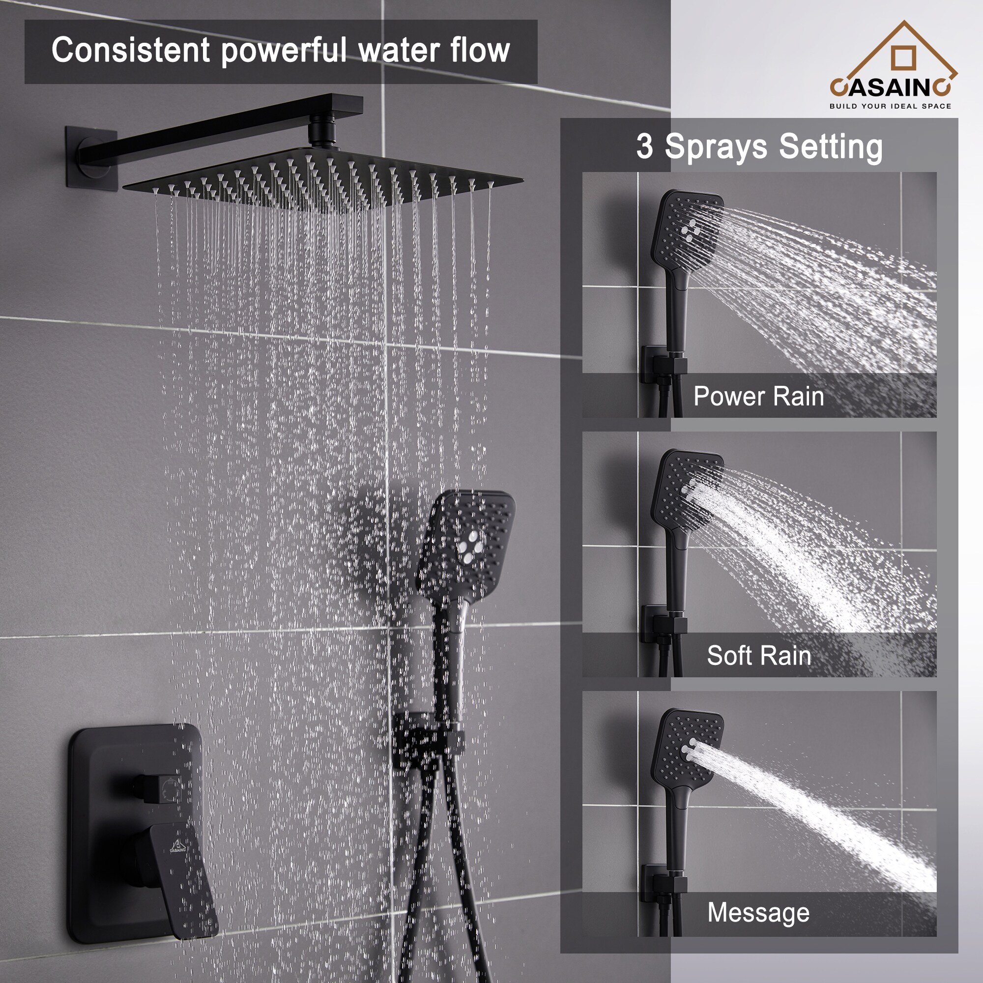 Sistema de ducha CASAINC en negro mate con un mango, función única, regadera cuadrada de 9.8 pulgadas con válvula HM-B206-SQ-MB.