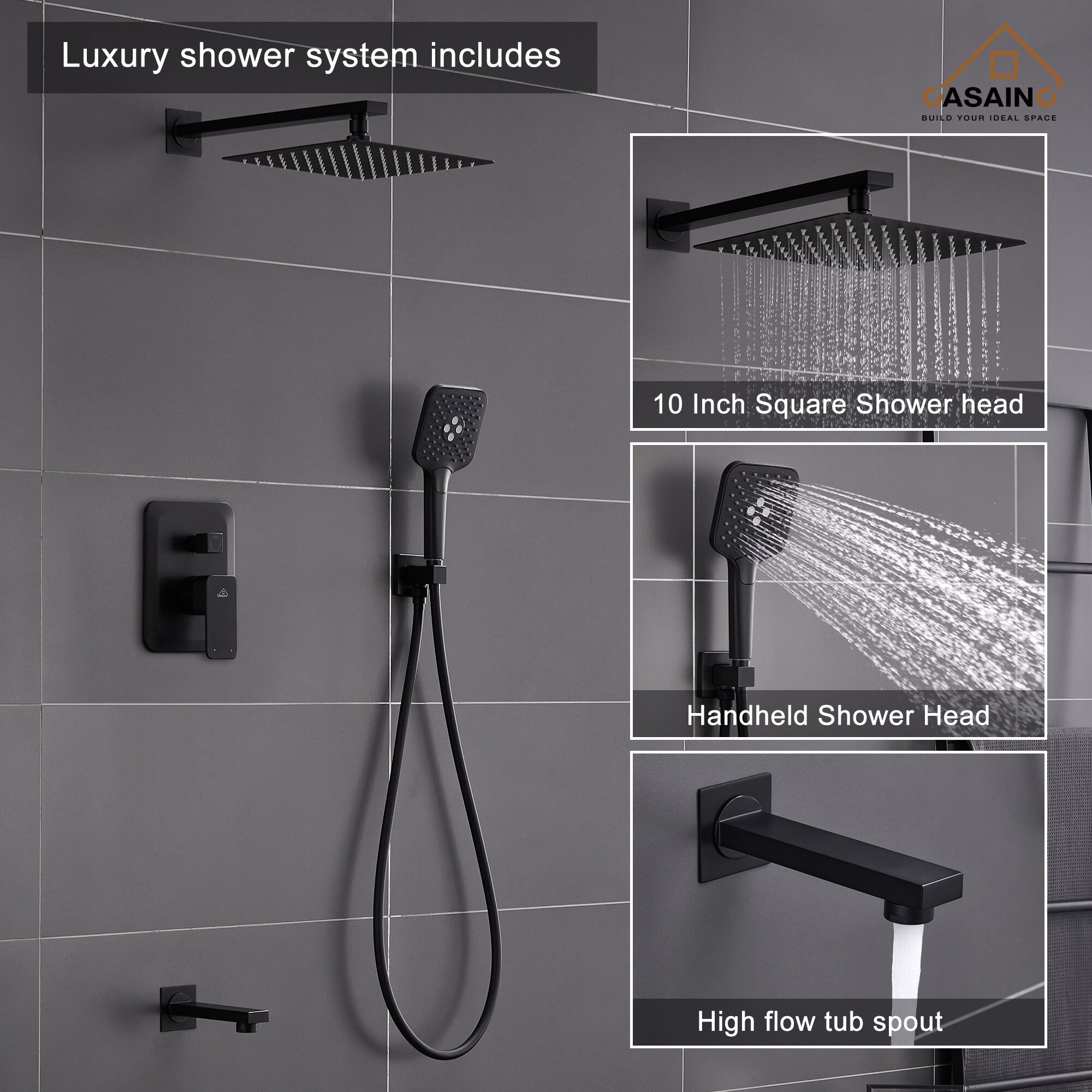 Sistema de ducha CASAINC en negro mate con un mango, función única, regadera cuadrada de 9.8 pulgadas con válvula HM-B206-SQ-MB.