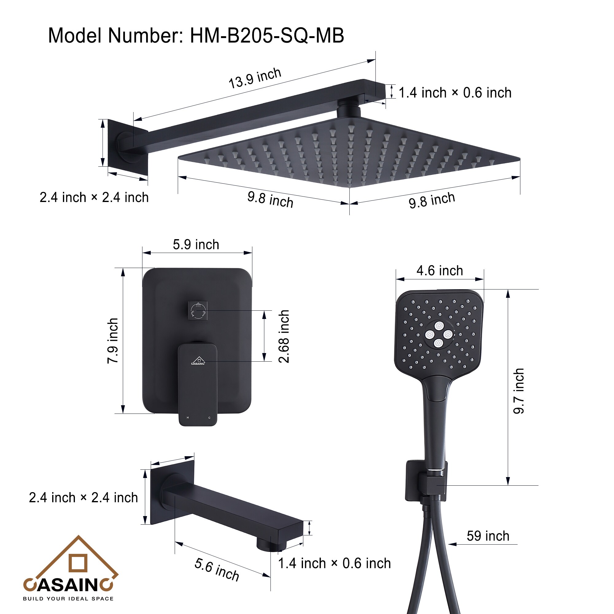 Sistema de ducha CASAINC en negro mate con un mango, función única, regadera cuadrada de 9.8 pulgadas con válvula HM-B206-SQ-MB.