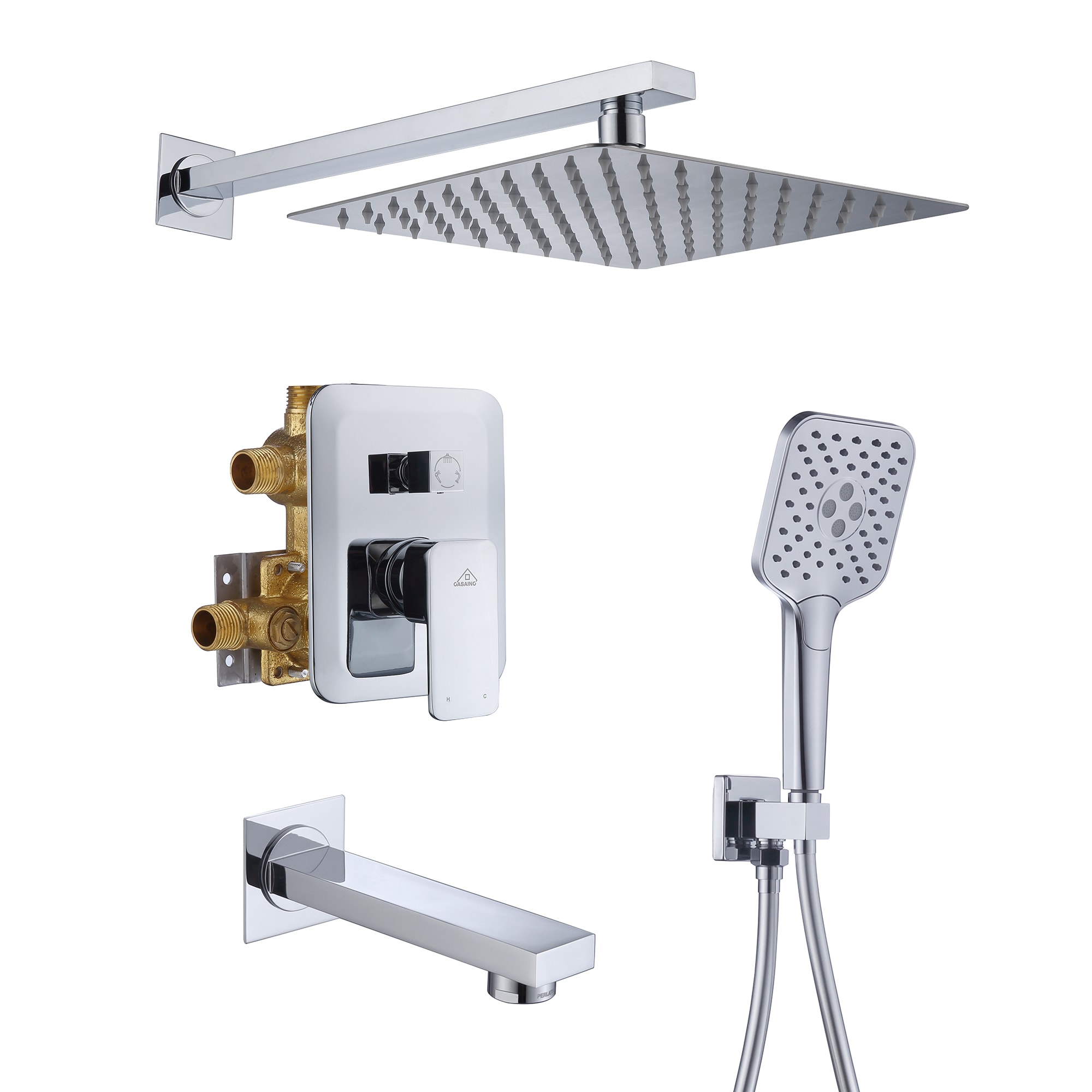 Sistema de regadera CASAINC cromado con un mango, función única, regadera cuadrada de 9.8 pulgadas con válvula HM-B206-SQ-CP.