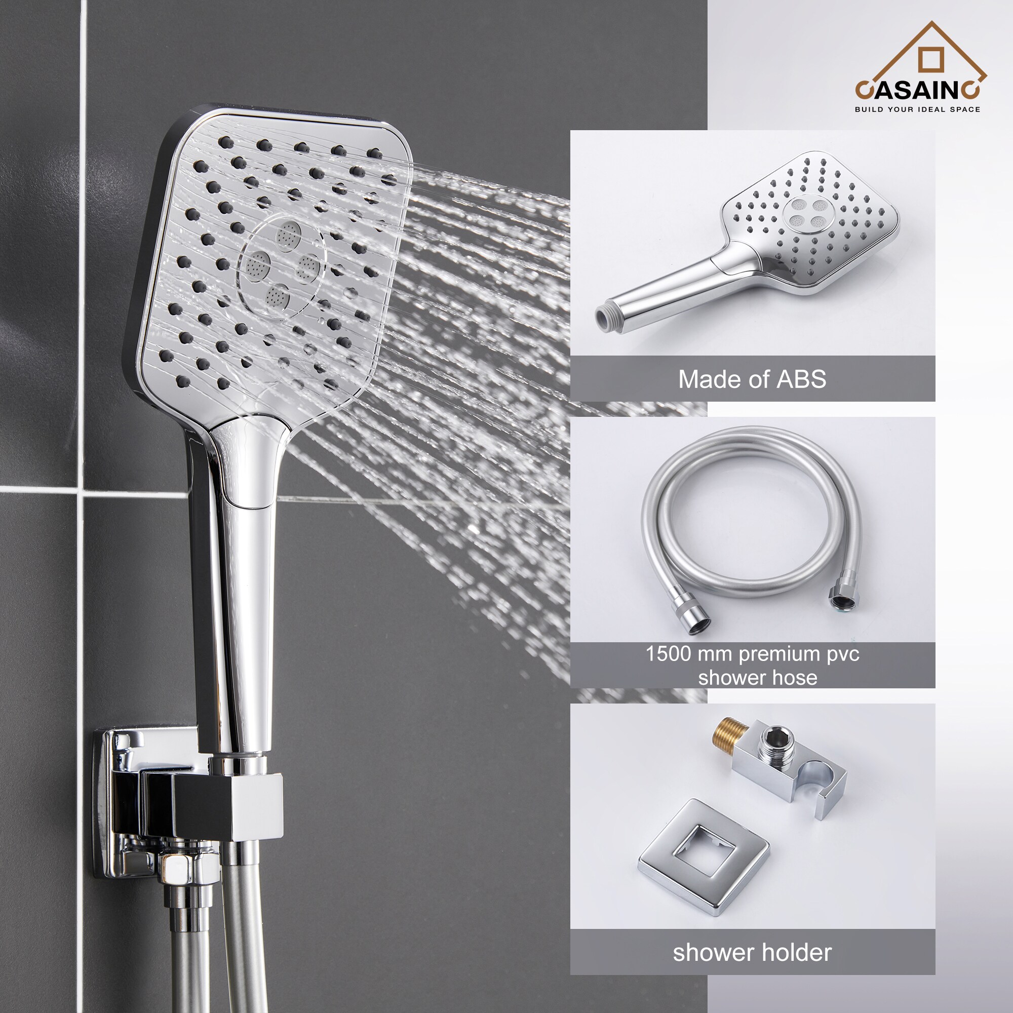 Sistema de regadera CASAINC cromado con un mango, función única, regadera cuadrada de 9.8 pulgadas con válvula HM-B206-SQ-CP.