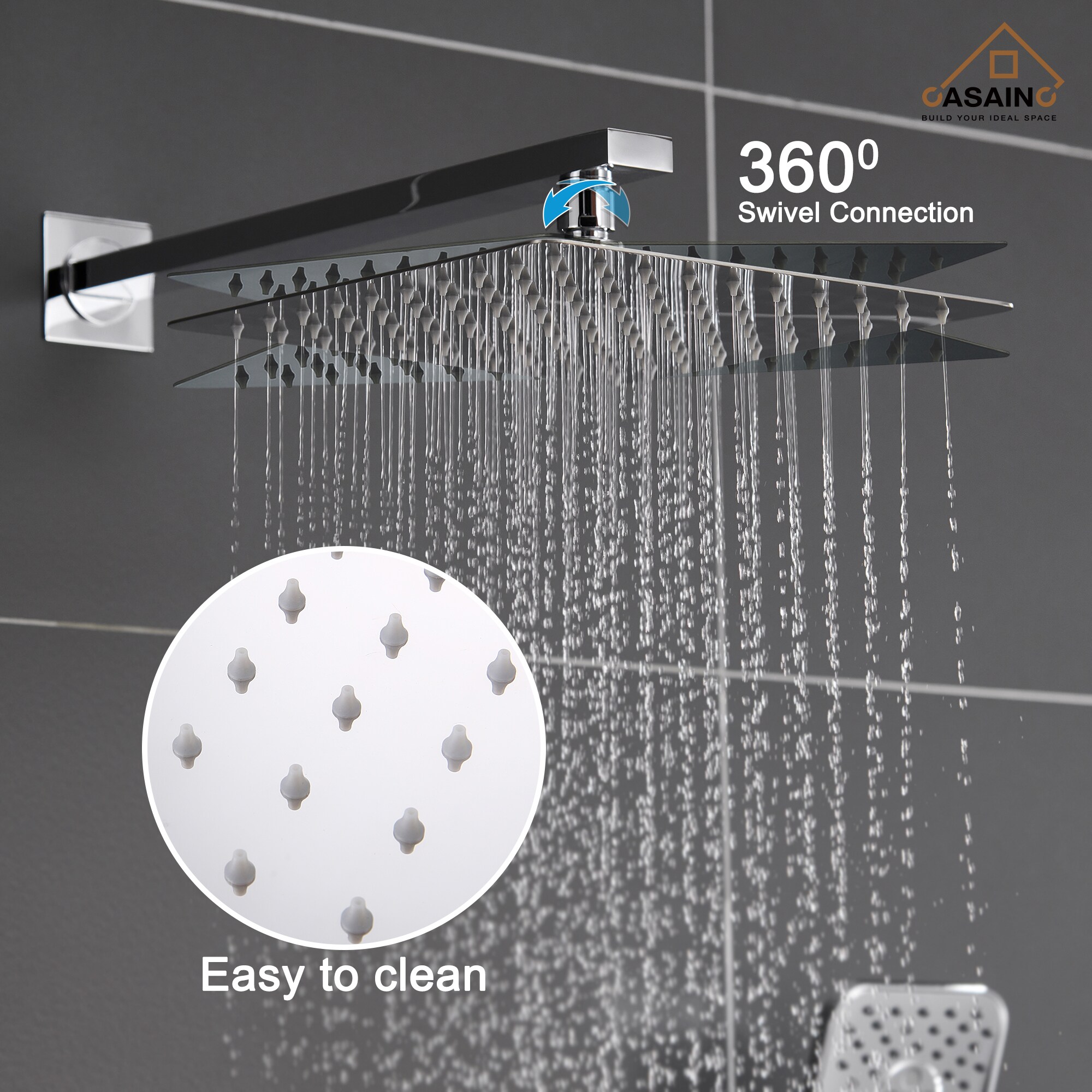 Sistema de regadera CASAINC cromado con un mango, función única, regadera cuadrada de 9.8 pulgadas con válvula HM-B206-SQ-CP.