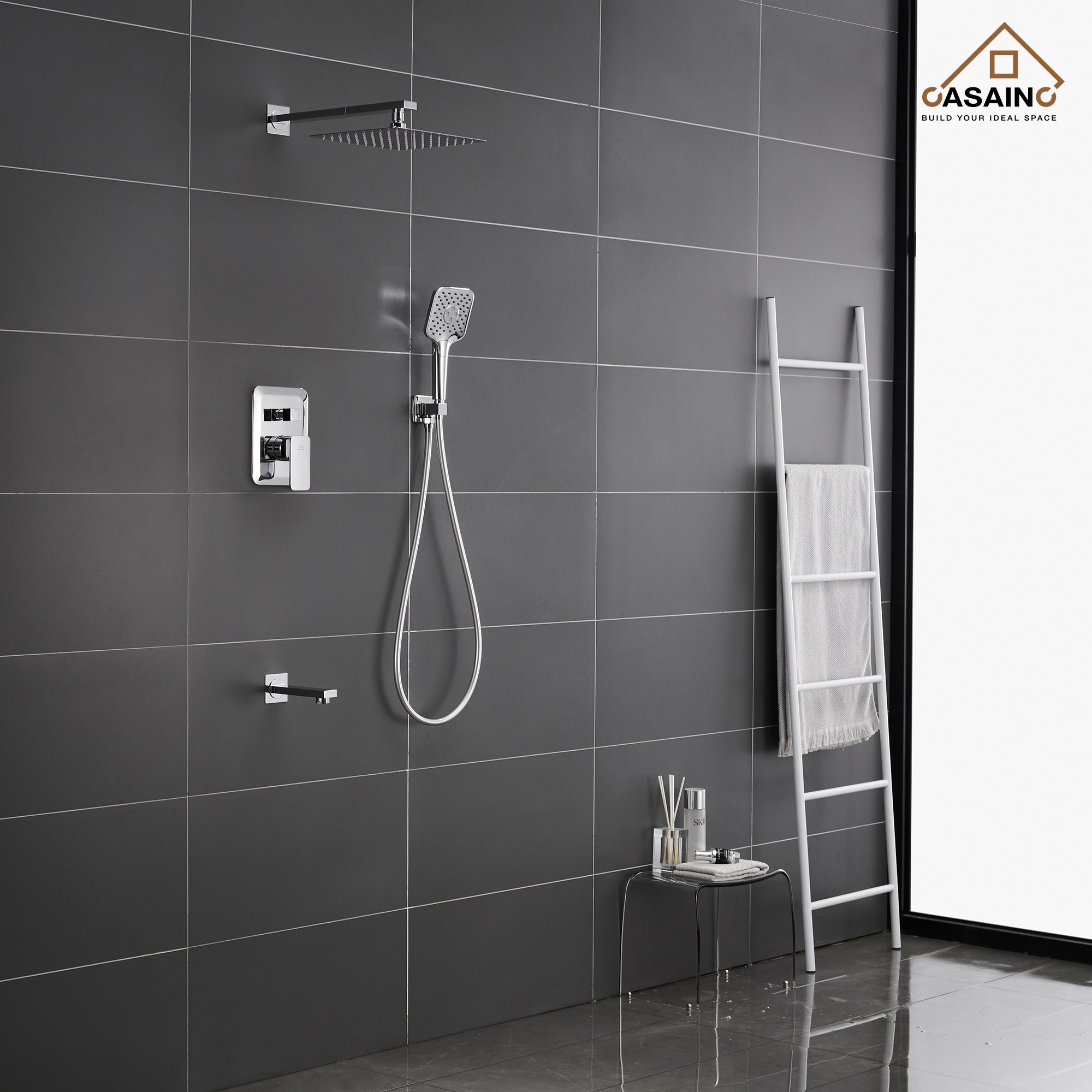 Sistema de regadera CASAINC cromado con un mango, función única, regadera cuadrada de 9.8 pulgadas con válvula HM-B206-SQ-CP.