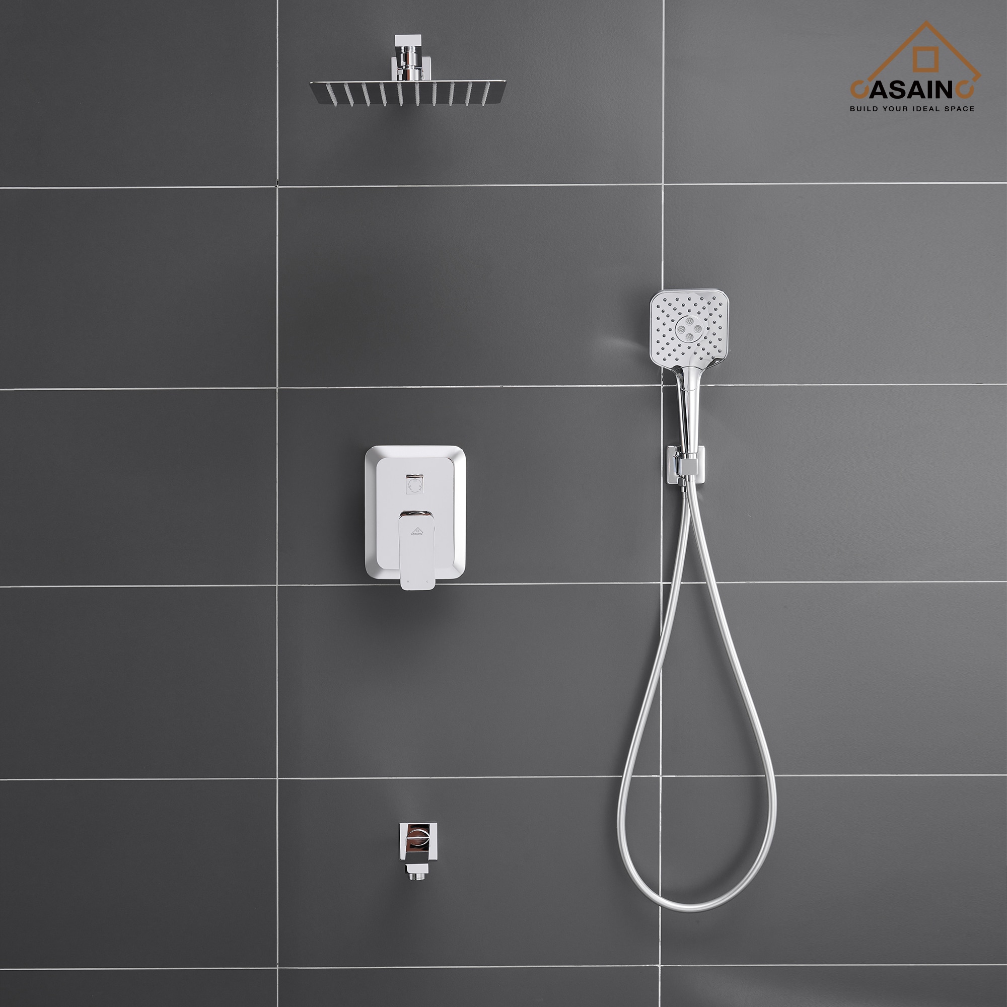 Sistema de regadera CASAINC cromado con un mango, función única, regadera cuadrada de 9.8 pulgadas con válvula HM-B206-SQ-CP.