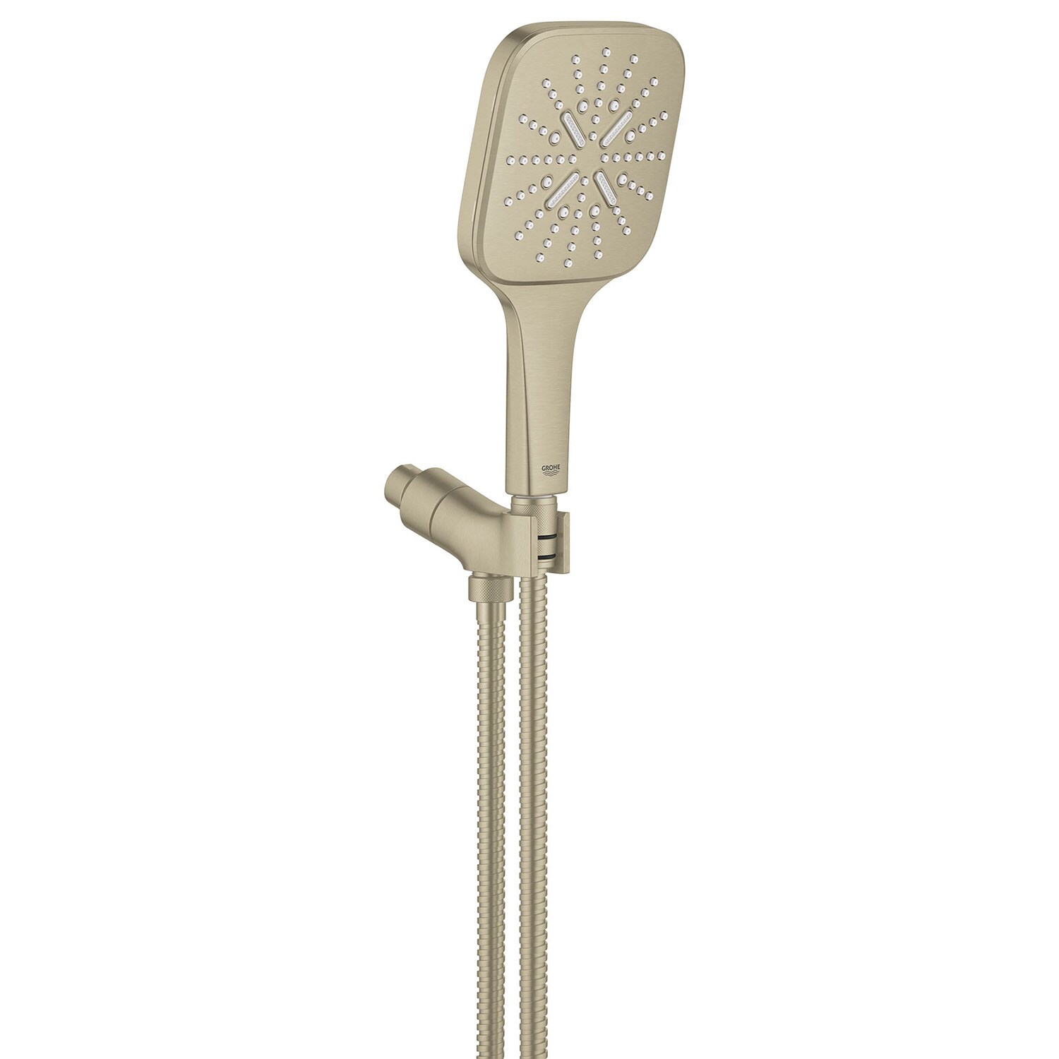 Regadera de mano cuadrada de 5.13 pulgadas con acabado en níquel cepillado de un solo mango GROHE Rainshower 26605EN0