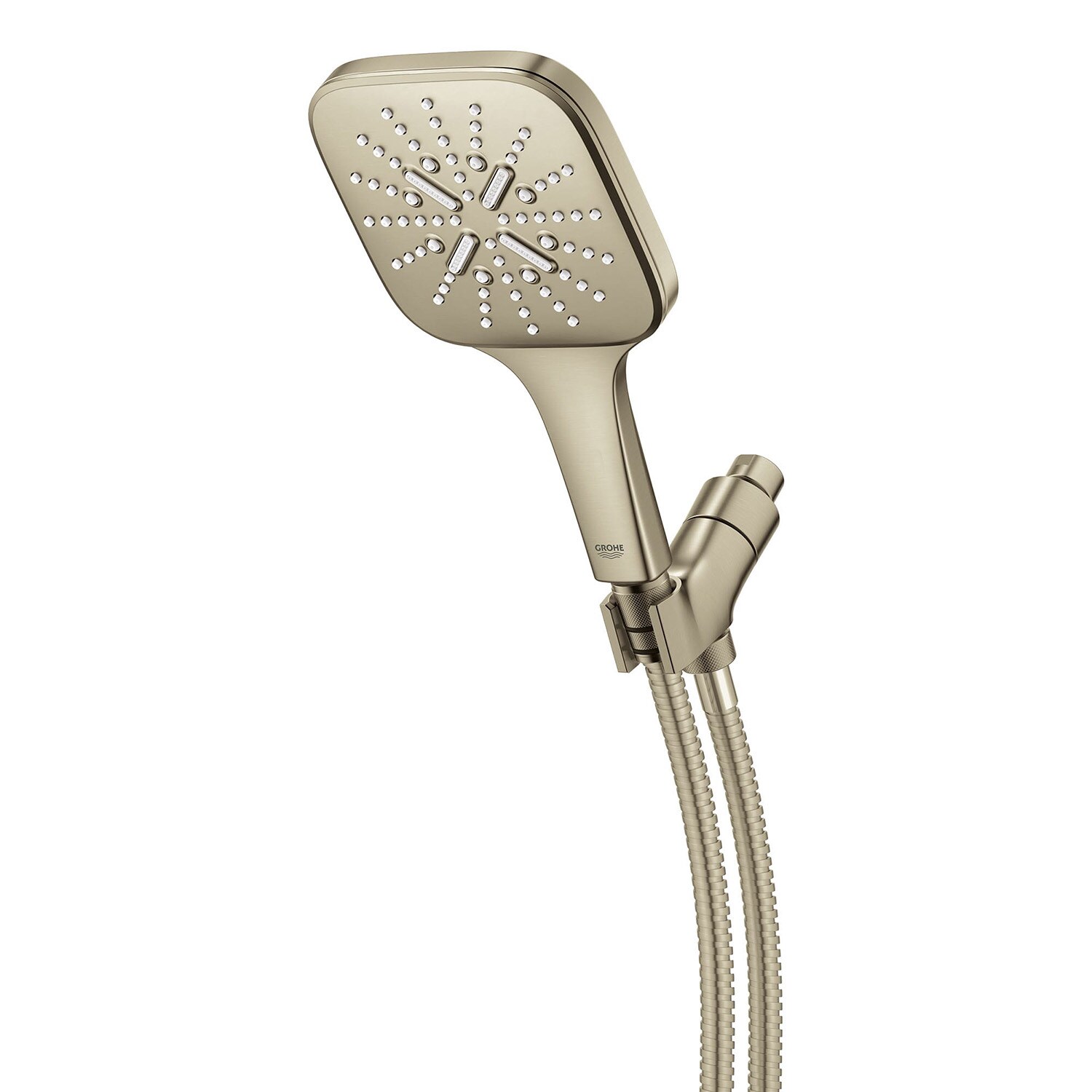 Regadera de mano cuadrada de 5.13 pulgadas con acabado en níquel cepillado de un solo mango GROHE Rainshower 26605EN0