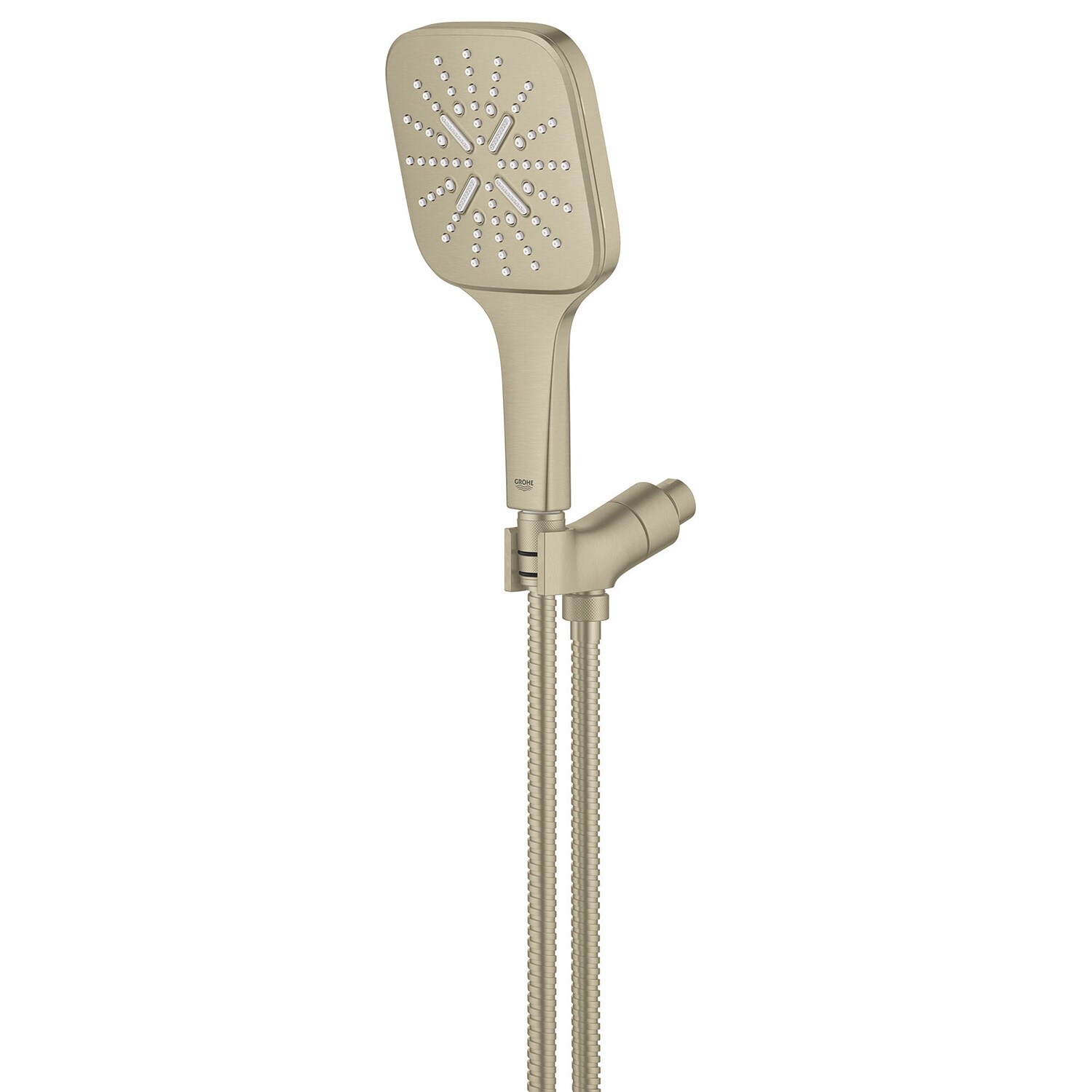 Regadera de mano cuadrada de 5.13 pulgadas con acabado en níquel cepillado de un solo mango GROHE Rainshower 26605EN0