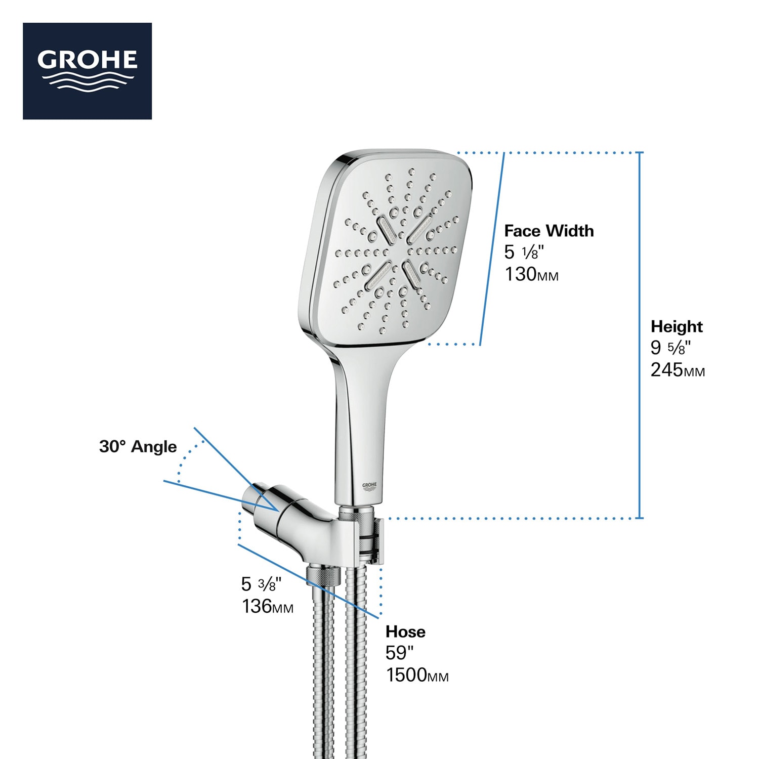 Regadera de mano cuadrada de 5.13 pulgadas con acabado en níquel cepillado de un solo mango GROHE Rainshower 26605EN0