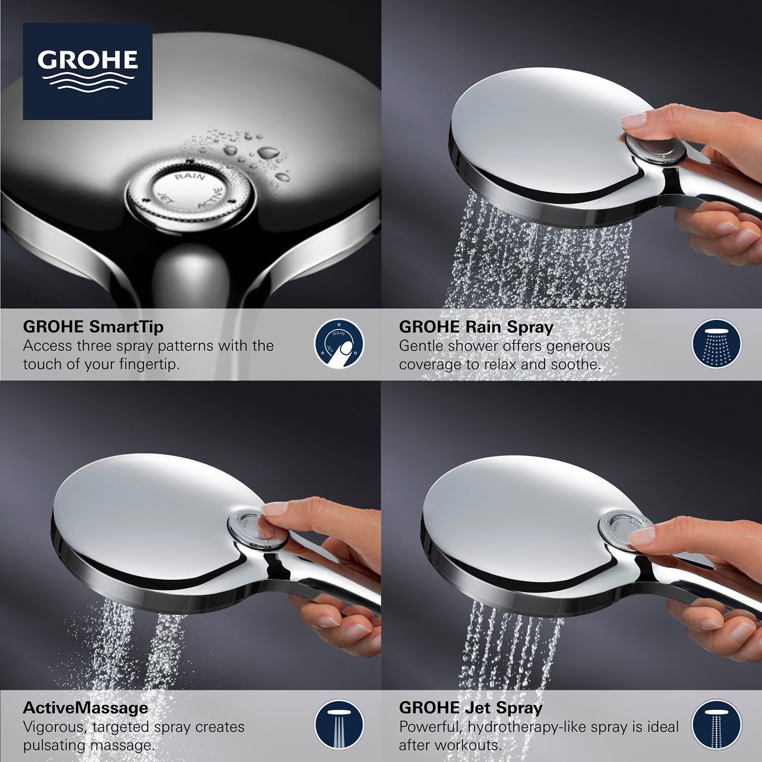Regadera de mano cuadrada de 5.13 pulgadas con acabado en níquel cepillado de un solo mango GROHE Rainshower 26605EN0