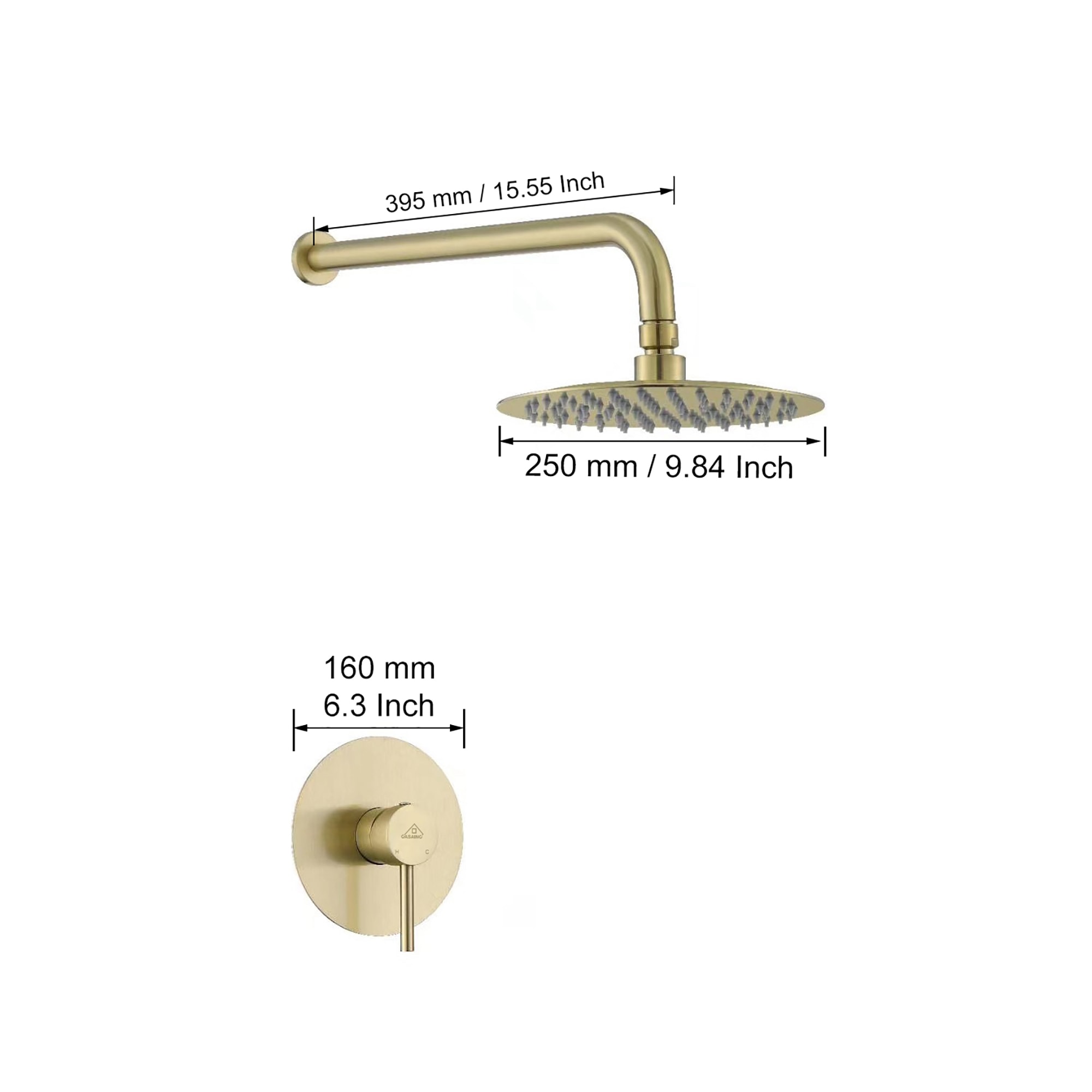 Regadera de Pared Redonda de Oro Cepillado de Una Función, Mango Único - 10 Pulgadas