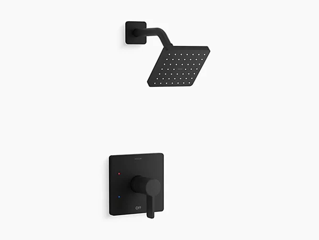 Grifo de ducha cuadrado de 4 pulgadas con acabado negro mate de una manija y función única (válvula no incluida) KOHLER K-TS23503-4G-BL