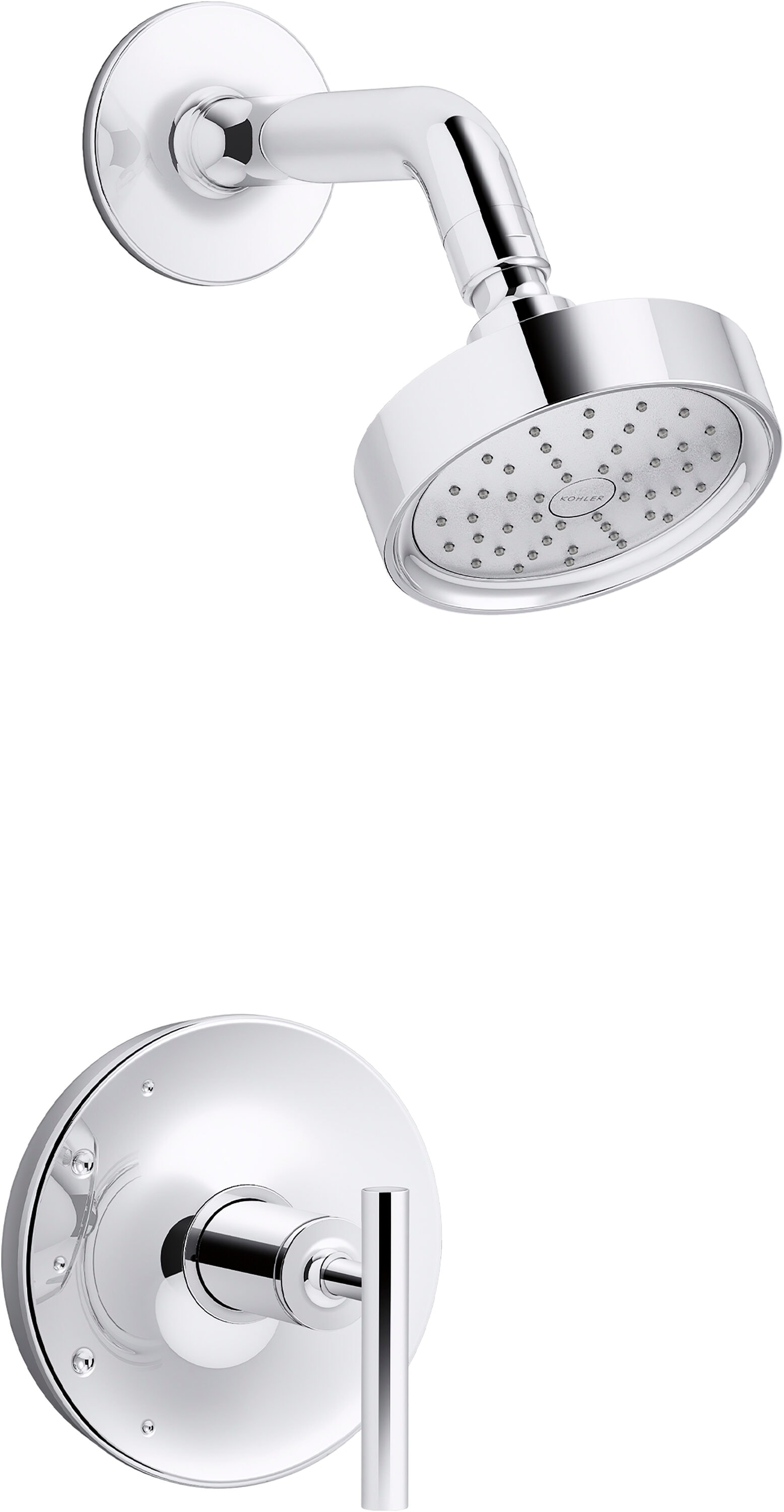 Regadera redonda de una sola función con un mango en cromo pulido Purist de KOHLER de 4.875 pulgadas